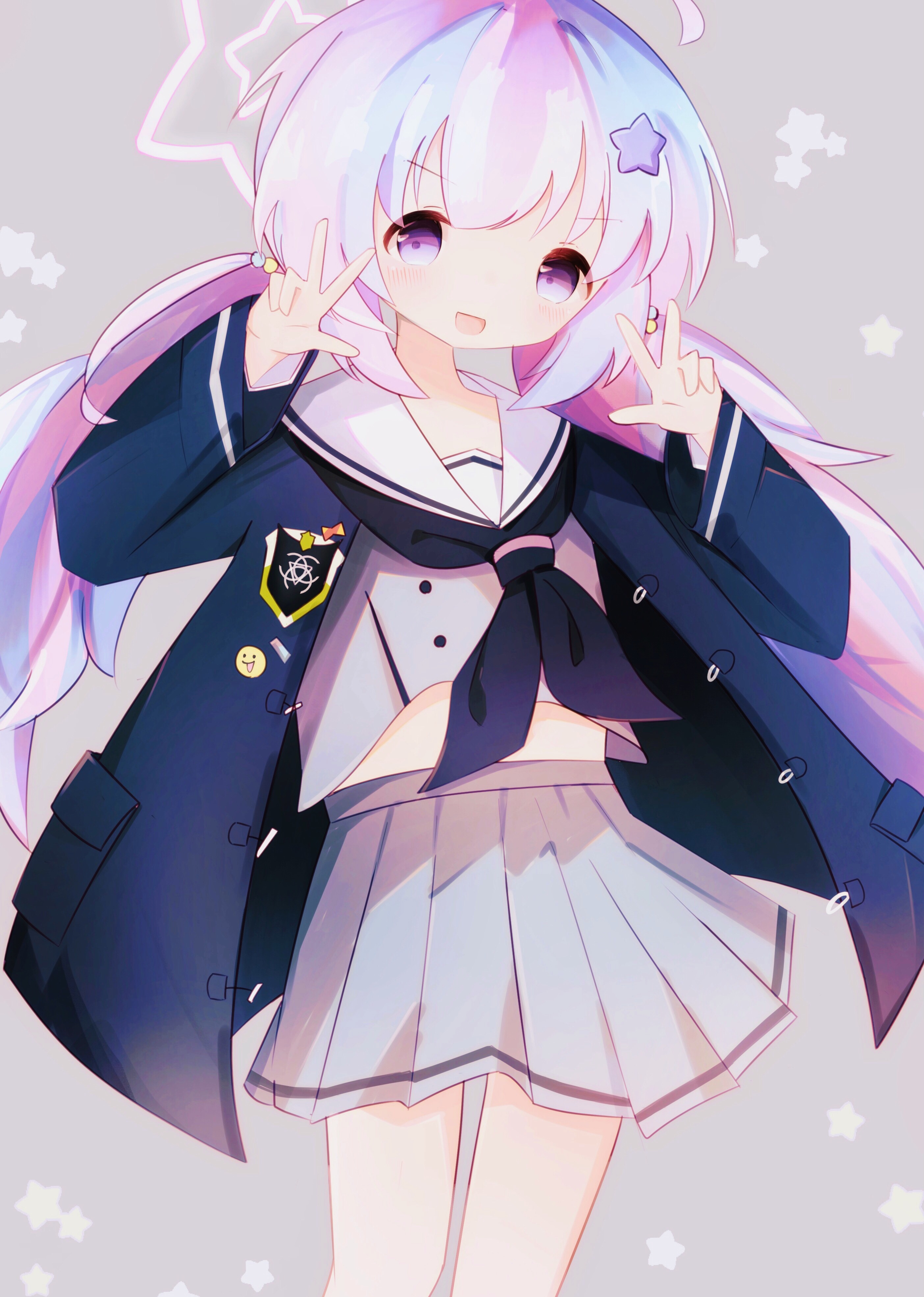 vonvondx, reisa (blue archive), blue archive, absurdres, highres, 1girl, ahoge, beads, black neckerchief, blue hair, blush, grey serafuku, grey skirt, hair beads, hair ornament, halo, jacket, long hair, long sleeves, multicolored hair, neckerchief, open mouth, pink halo, pink socks, purple eyes, sailor collar, school uniform, serafuku, skirt, smile, socks, star (symbol), star hair ornament, star halo, striped clothes, striped socks, twintails, white sailor collar