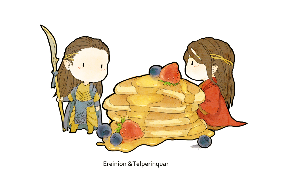 pixiv id 9475840, celebrimbor, gil-galad, the silmarillion, tolkien's legendarium, 2boys, armor, berry, blueberry, brown hair, character name, chibi, circlet, elf, food, fruit, full body, holding, holding polearm, holding spear, holding weapon, jewelry, long hair, looking at another, male focus, multiple boys, no mouth, pancake, pointy ears, polearm, profile, simple background, spear, strawberry, weapon, white background