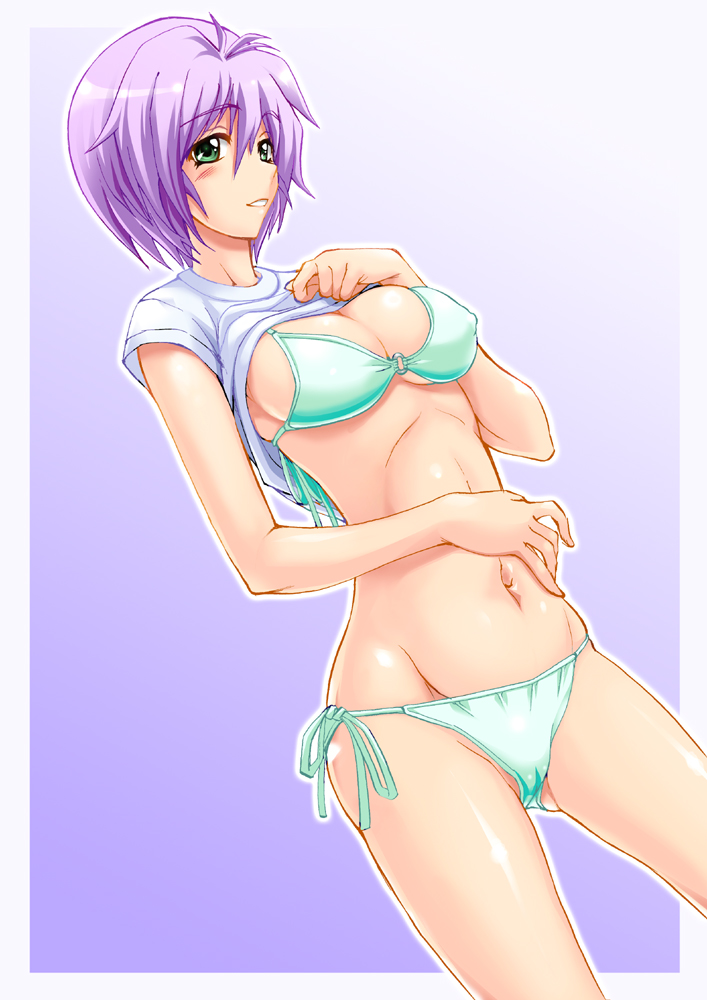 shiruko (inosin), original, aqua bikini, bikini, blouse, clothes lift, green eyes, pink hair, shirt, shirt lift, short hair, side-tie bikini bottom, solo, swimsuit, white shirt