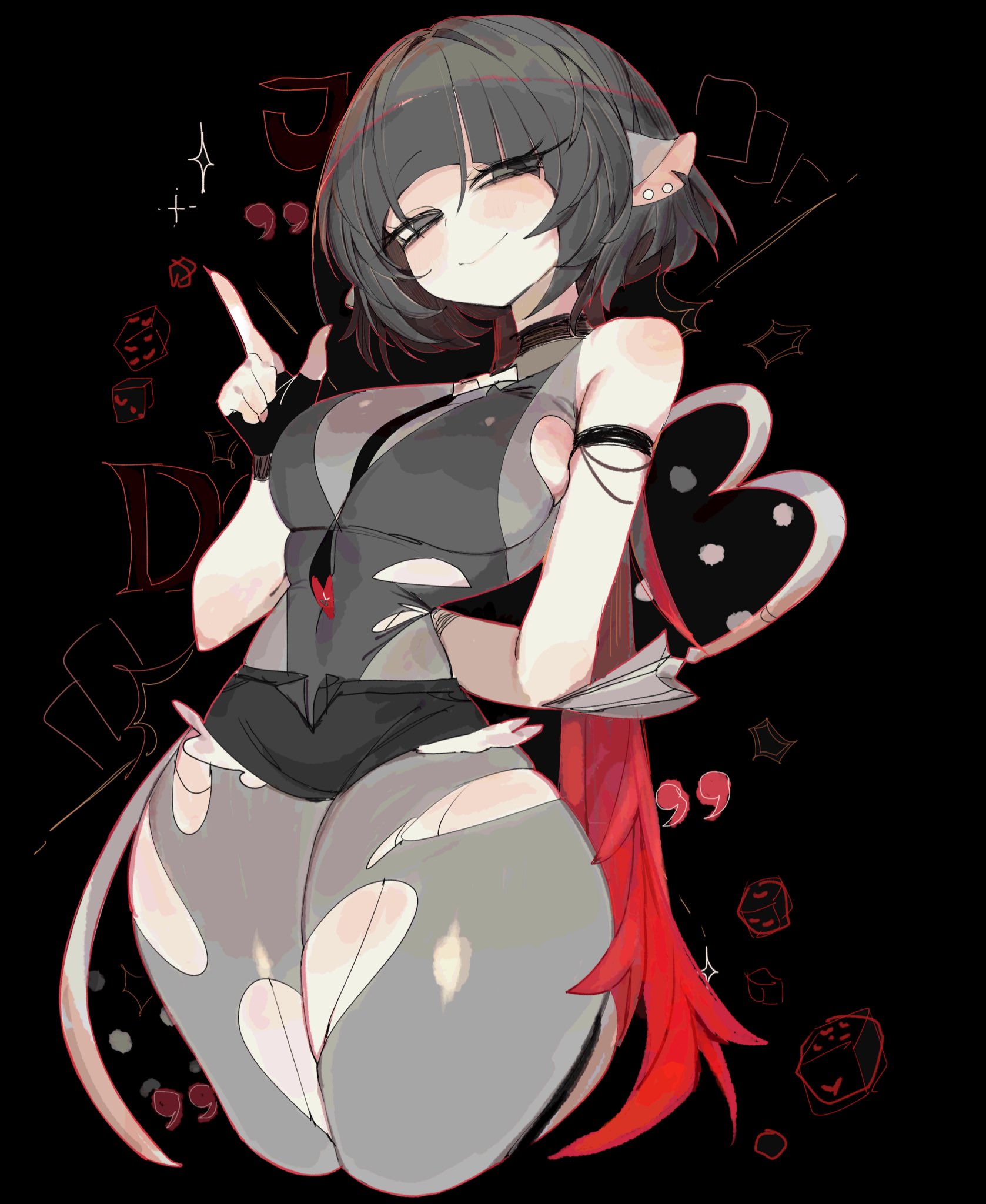 usa37107692, jane doe (zenless zone zero), zenless zone zero, highres, 1girl, animal ears, black hair, black shorts, blunt bangs, breasts, fingerless gloves, garter straps, gloves, green eyes, high-waist shorts, impossible shorts, large breasts, long hair, long tail, looking at viewer, mouse ears, mouse girl, mouse tail, multicolored hair, necktie, pantyhose, red hair, red nails, sharp tail, shorts, single garter strap, smile, solo, tail, tail around own leg, thighhighs, torn clothes, torn pantyhose, torn thighhighs, two-tone necktie
