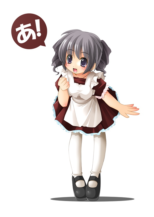 shibacha, original, silver hair, 1girl, black shoes, female focus, grey eyes, maid, pantyhose, shoes, simple background, solo, speech bubble, white background, white pantyhose