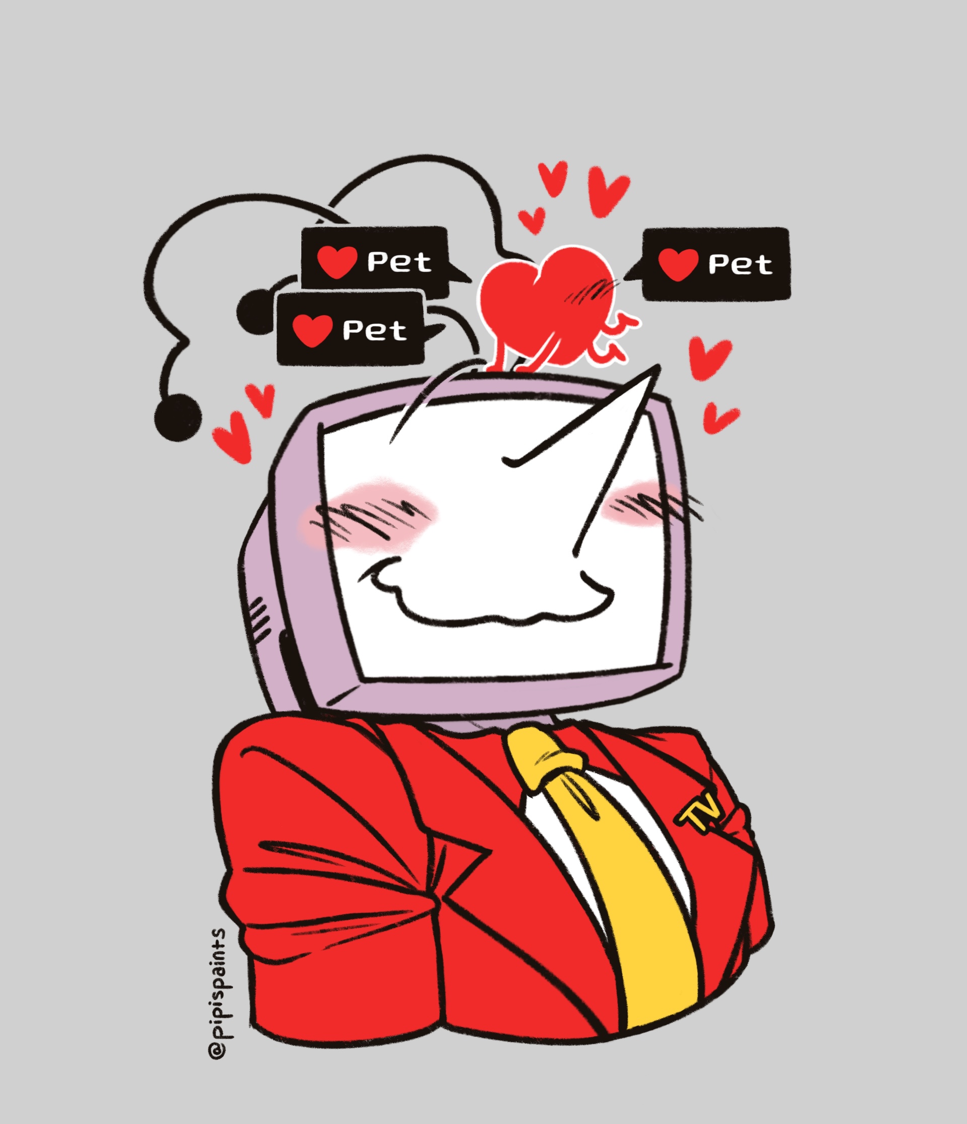 ant tenna, soul (deltarune), deltarune, utdr (toby fox), commentary, english commentary, highres, 1boy, blush, crt, english text, grey background, headpat, heart, jacket, long nose, male focus, necktie, object head, pipispaints, pointy nose, radio antenna, red jacket, simple background, smile, speech bubble, twitter username, yellow necktie