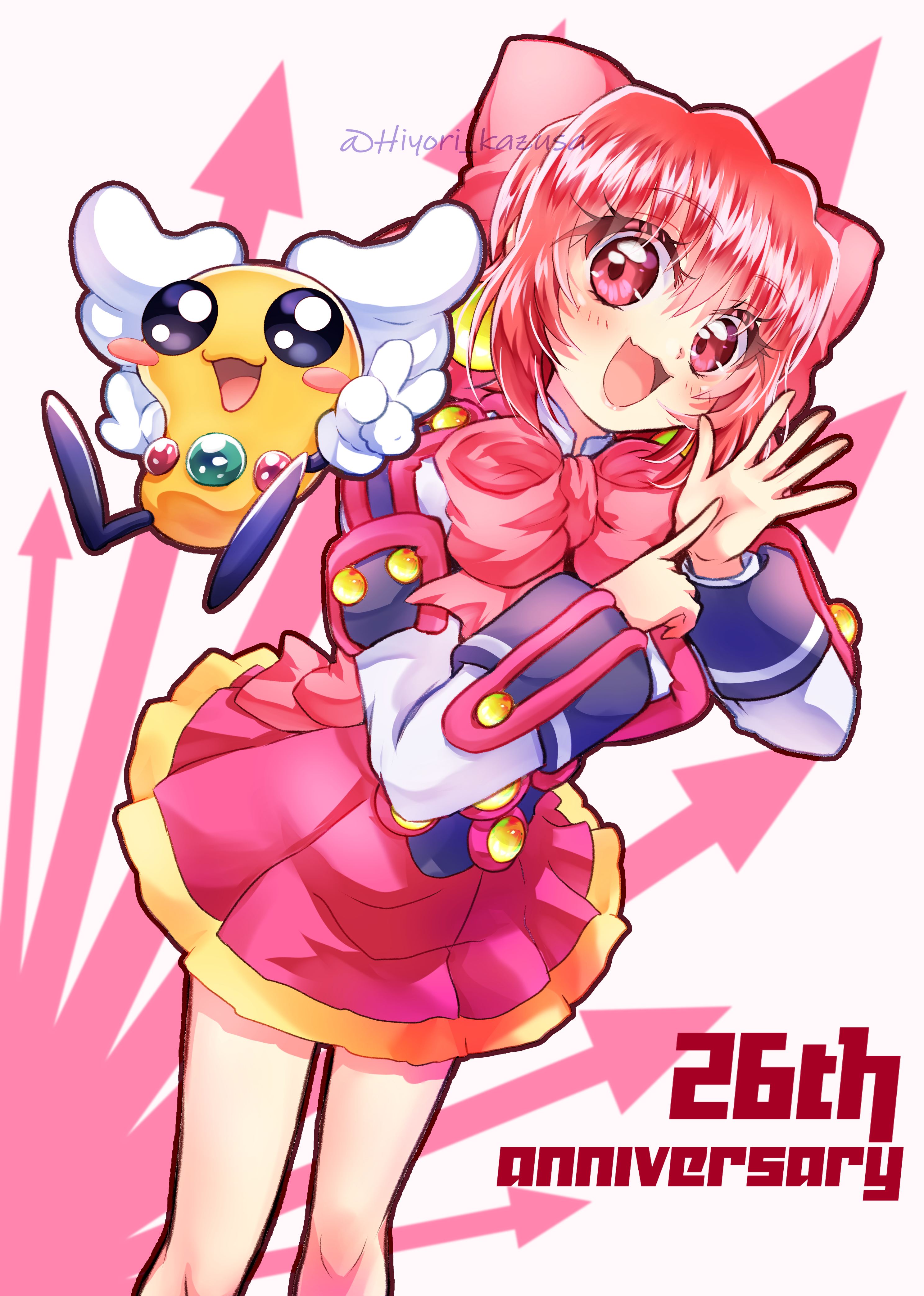 kazusa hiyori, densuke (akihabara dennou gumi), hanakoganei hibari, akihabara dennou gumi, absurdres, highres, 1girl, bow, creature, earrings, jewelry, patapi (creature), pink bow, red eyes, red hair, school uniform, short hair, skirt, smile, sphere earrings