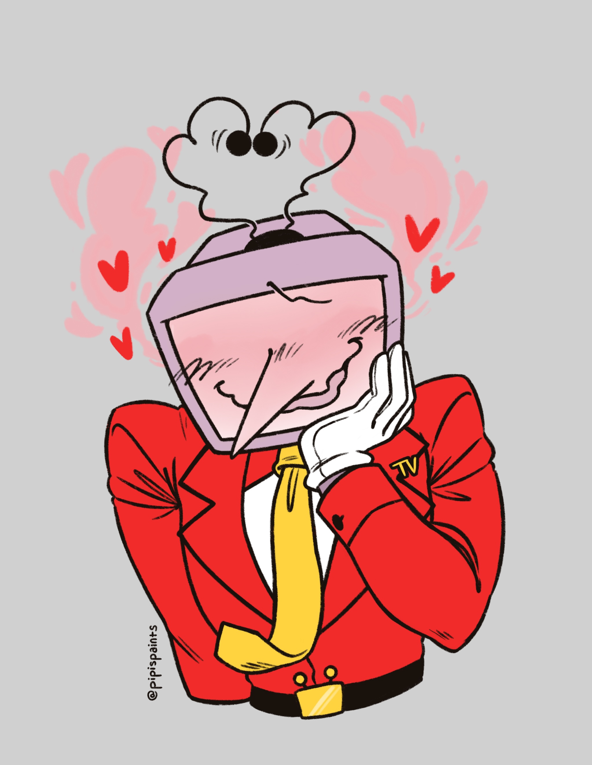 ant tenna, deltarune, utdr (toby fox), absurdres, commentary, english commentary, highres, 1boy, belt, belt buckle, black belt, blush, buckle, crt, gloves, grey background, hand on own face, hand up, heart, long nose, male focus, necktie, object head, pipispaints, pointy nose, radio antenna, simple background, smile, solo, twitter username, white gloves, yellow necktie