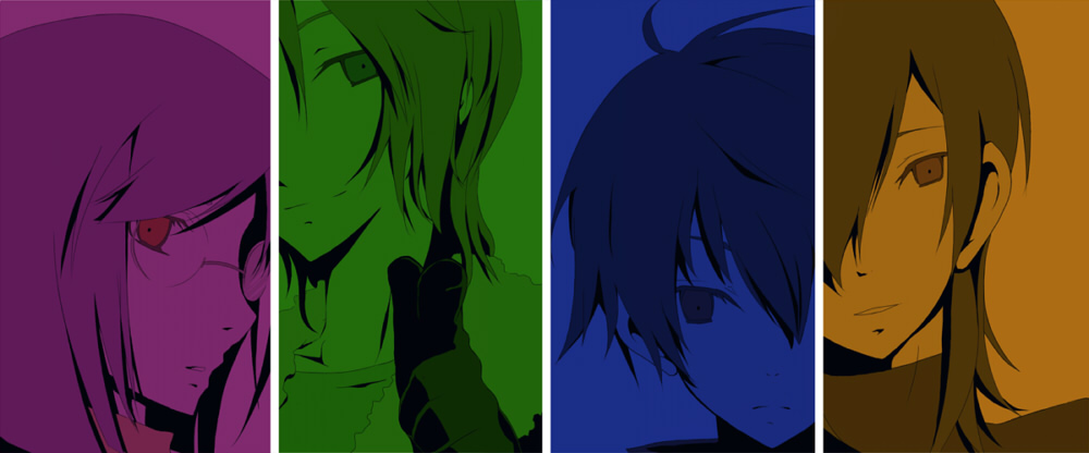 allelujah haptism, lockon stratos, setsuna f. seiei, tieria erde, gundam, gundam 00, 00s, 4boys, ahoge, closed eyes, closed mouth, collarbone, expressionless, from side, looking at viewer, male focus, multiple boys, multiple monochrome, profile, upper body