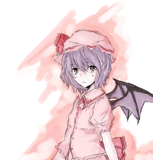 en (engawa), remilia scarlet, touhou, 1girl, bat wings, female focus, hat, purple hair, red eyes, short hair, solo, white background, wings