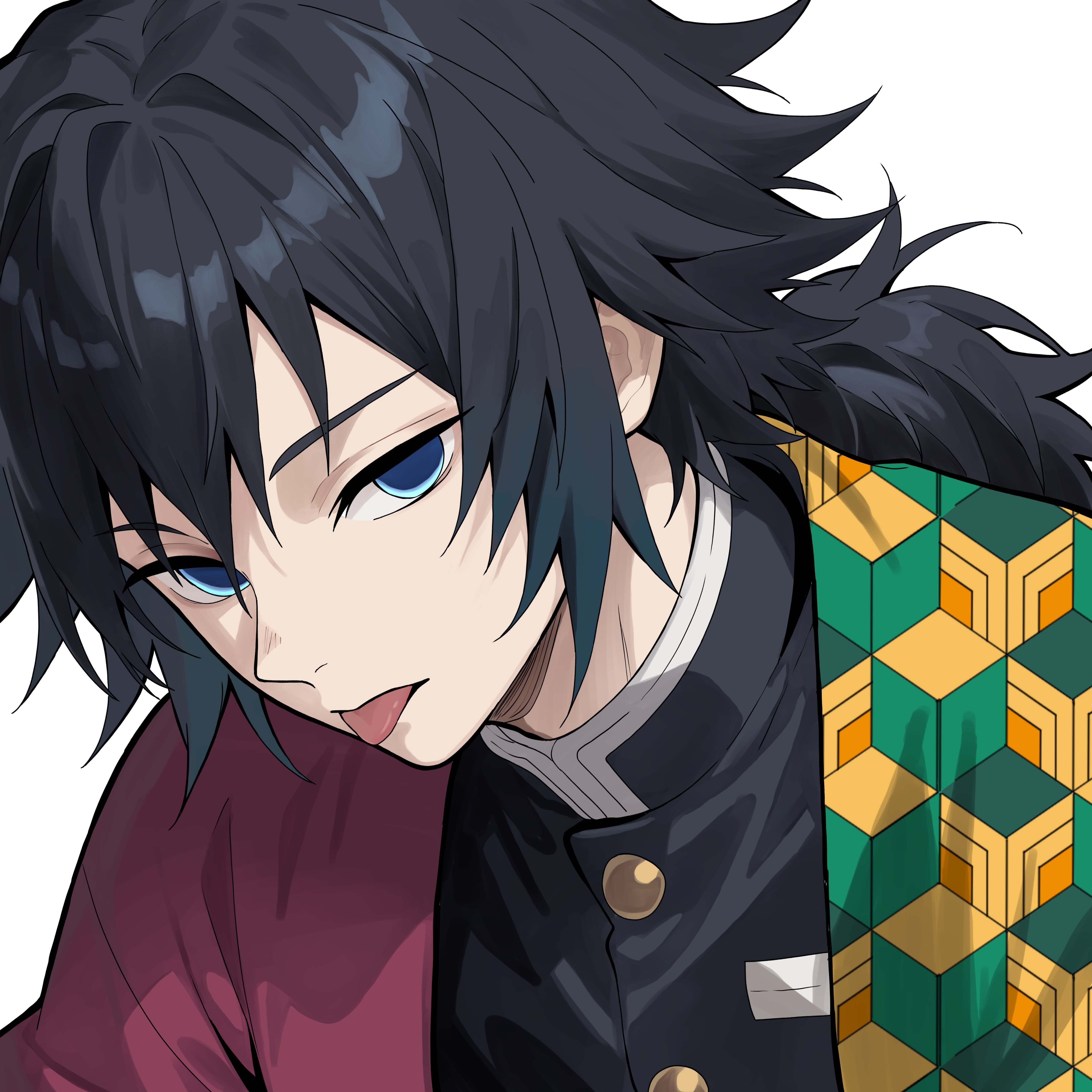 n 54, tomioka giyuu, kimetsu no yaiba, absurdres, highres, 1boy, black hair, black jacket, blue eyes, buttons, demon slayer uniform, empty eyes, gold buttons, hair between eyes, haori, high collar, jacket, japanese clothes, kikkoumon, looking at viewer, low ponytail, male focus, parted lips, ponytail, print haori, red haori, simple background, solo, spiked hair, tongue, tongue out, upper body, white background