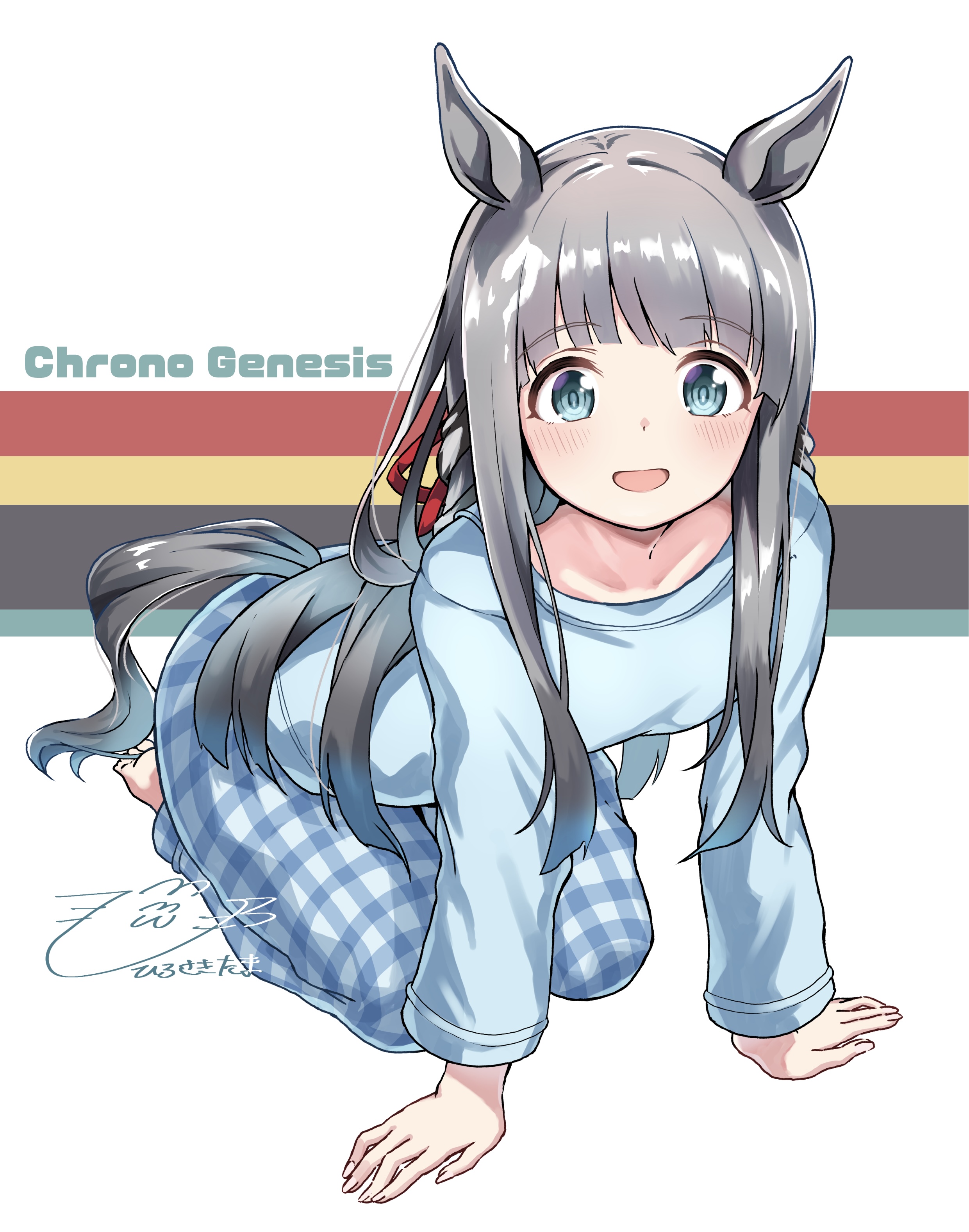 hiro5000 tama, chrono genesis (umamusume), umamusume, absurdres, highres, 1girl, alternate costume, animal ears, blue eyes, blue pajamas, blue shirt, blunt bangs, blush, breasts, checkered clothes, checkered pants, grey hair, hair between eyes, hair ornament, horse ears, horse girl, horse tail, long hair, long sleeves, looking at viewer, open mouth, pajamas, pants, seiza, shirt, sitting, small breasts, smile, solo, tail