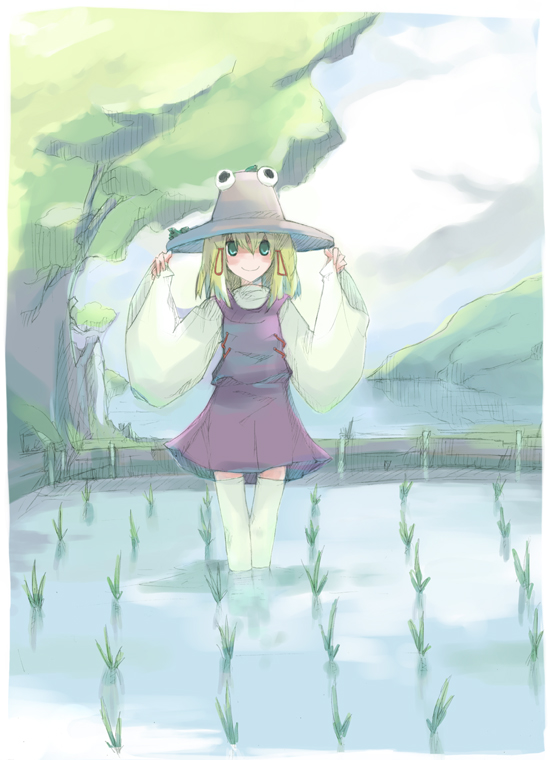 paddy field, takanashi akihito, moriya suwako, touhou, 1girl, blonde hair, cloud, day, dress, female focus, green eyes, hair ribbon, hat, ribbon, rice paddy, short hair, sky, smile, solo, thighhighs, tree, wading, water