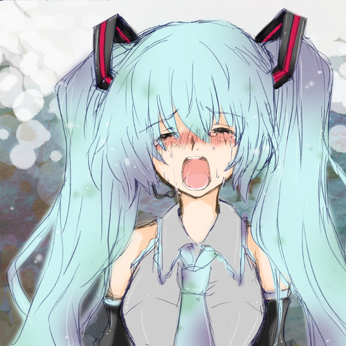 sara (pixiv118728), sara (uunyan), hatsune miku, vocaloid, aqua hair, closed eyes, solo, tears, twintails