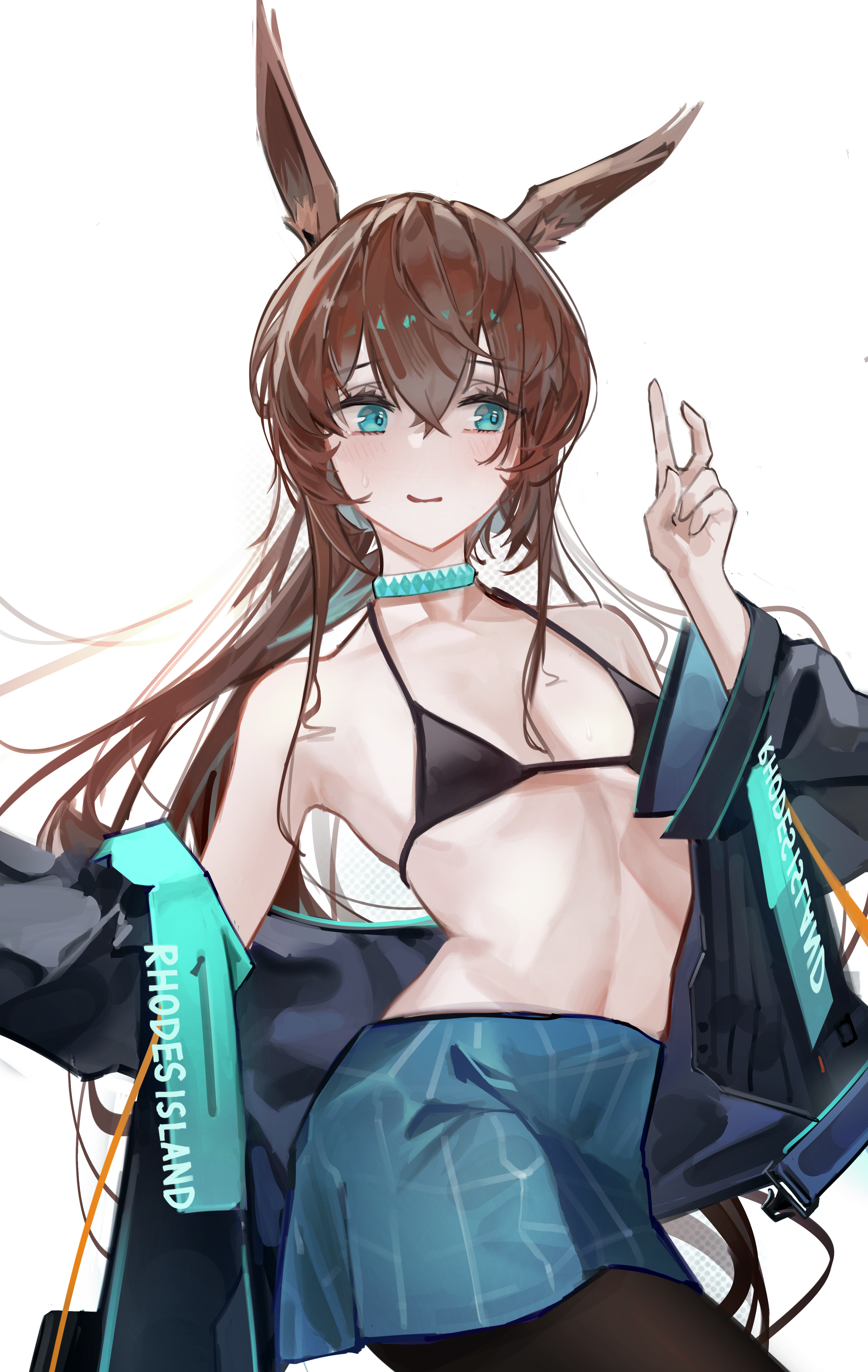 meihina, amiya (arknights), arknights, absurdres, commentary request, highres, 1girl, animal ears, averting eyes, bare shoulders, bikini, black bikini, black jacket, black pantyhose, blue collar, blue eyes, blue skirt, breasts, brown hair, clothes writing, collar, collarbone, embarrassed, hair between eyes, jacket, light blush, linea alba, long hair, micro bikini, miniskirt, navel, off shoulder, pantyhose, simple background, skirt, small breasts, solo, swimsuit, v, white background