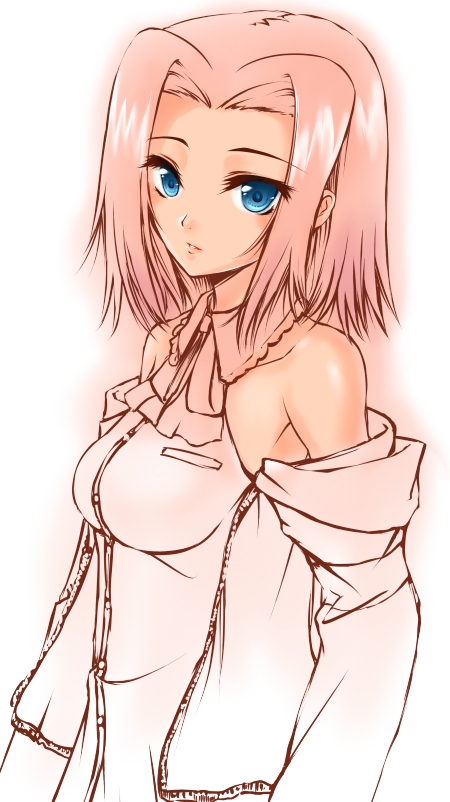 kouzuki kallen, code geass, 00s, 1girl, bare shoulders, blue eyes, breast pocket, breasts, buttons, collarbone, dress, expressionless, eyelashes, female focus, jacket, long sleeves, looking at viewer, medium breasts, off shoulder, open clothes, open jacket, parted bangs, parted lips, pink theme, pocket, red hair, ribbon, short hair, sleeveless, sleeveless dress, solo, upper body