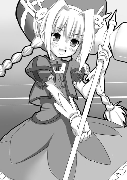 pikazo, graf eisen, vita (nanoha), lyrical nanoha, mahou shoujo lyrical nanoha, mahou shoujo lyrical nanoha a's, 00s, braid, fang, gloves, greyscale, hammer, hat, monochrome, solo, twin braids