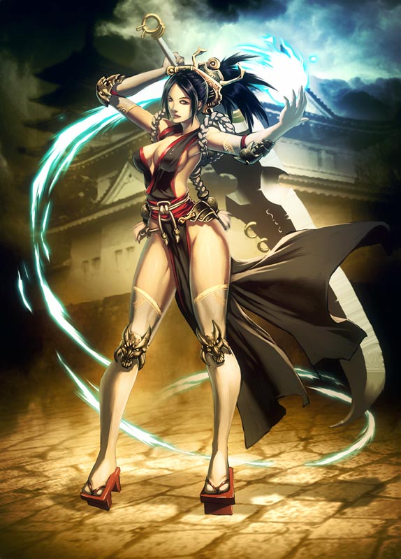 genzoman, original, 1girl, black hair, breasts, castle, cleavage, elbow gloves, female focus, gloves, headdress, legs, lips, no panties, sandals, sideboob, solo, sword, thighhighs, thighs, weapon