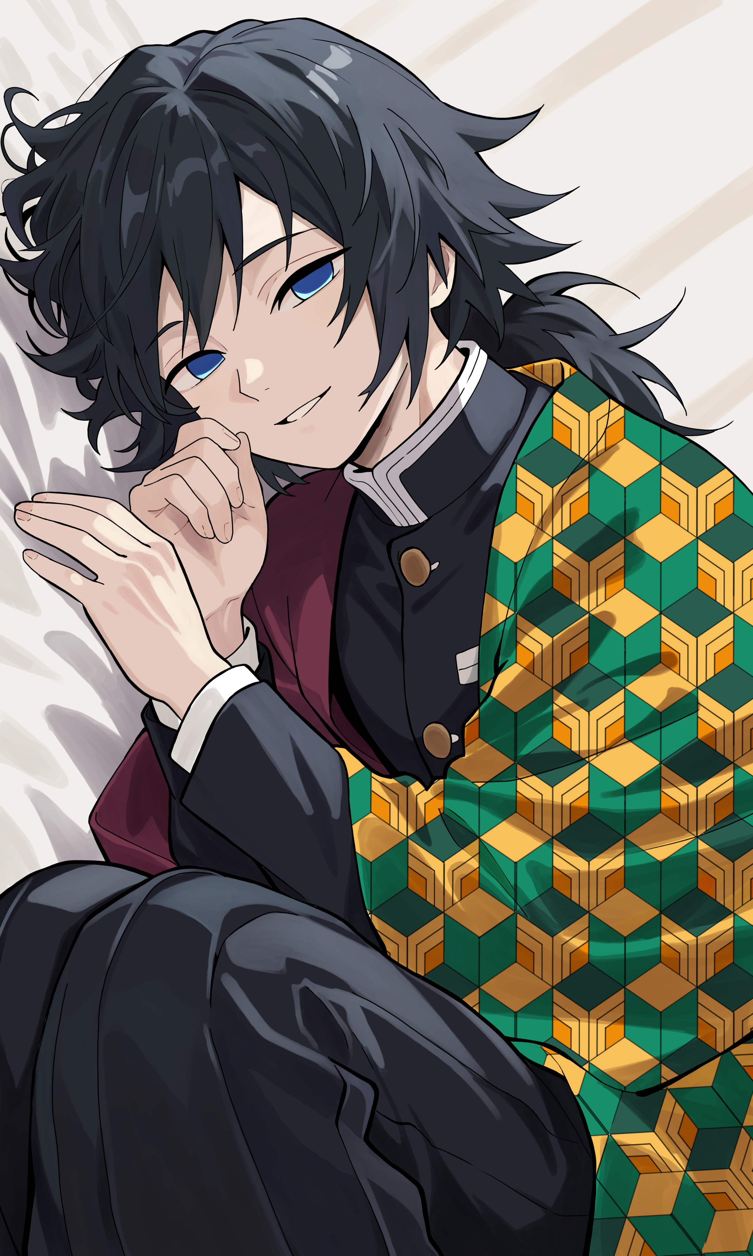 n 54, tomioka giyuu, kimetsu no yaiba, absurdres, highres, 1boy, black hair, black jacket, black pants, blue eyes, buttons, demon slayer uniform, gold buttons, grin, half-closed eyes, haori, jacket, japanese clothes, kikkoumon, looking at viewer, low ponytail, lying, male focus, on bed, pants, ponytail, print haori, red haori, smile, solo, spiked hair, teeth