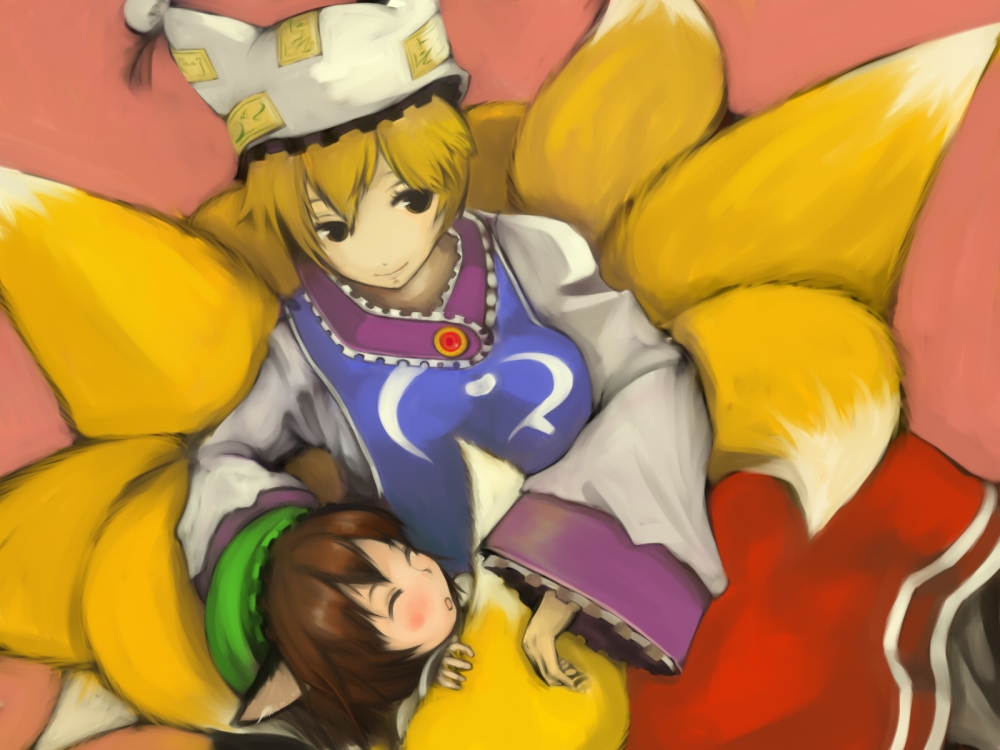 inoe, inoe (noie), chen, yakumo ran, touhou, bad id, bad pixiv id, 2girls, animal ears, animal hat, blonde hair, brown hair, cat ears, cat girl, cat tail, closed eyes, female focus, fox ears, fox tail, hat, hug, hugging another's tail, hugging tail, long sleeves, mob cap, multiple girls, short hair, tail, wide sleeves