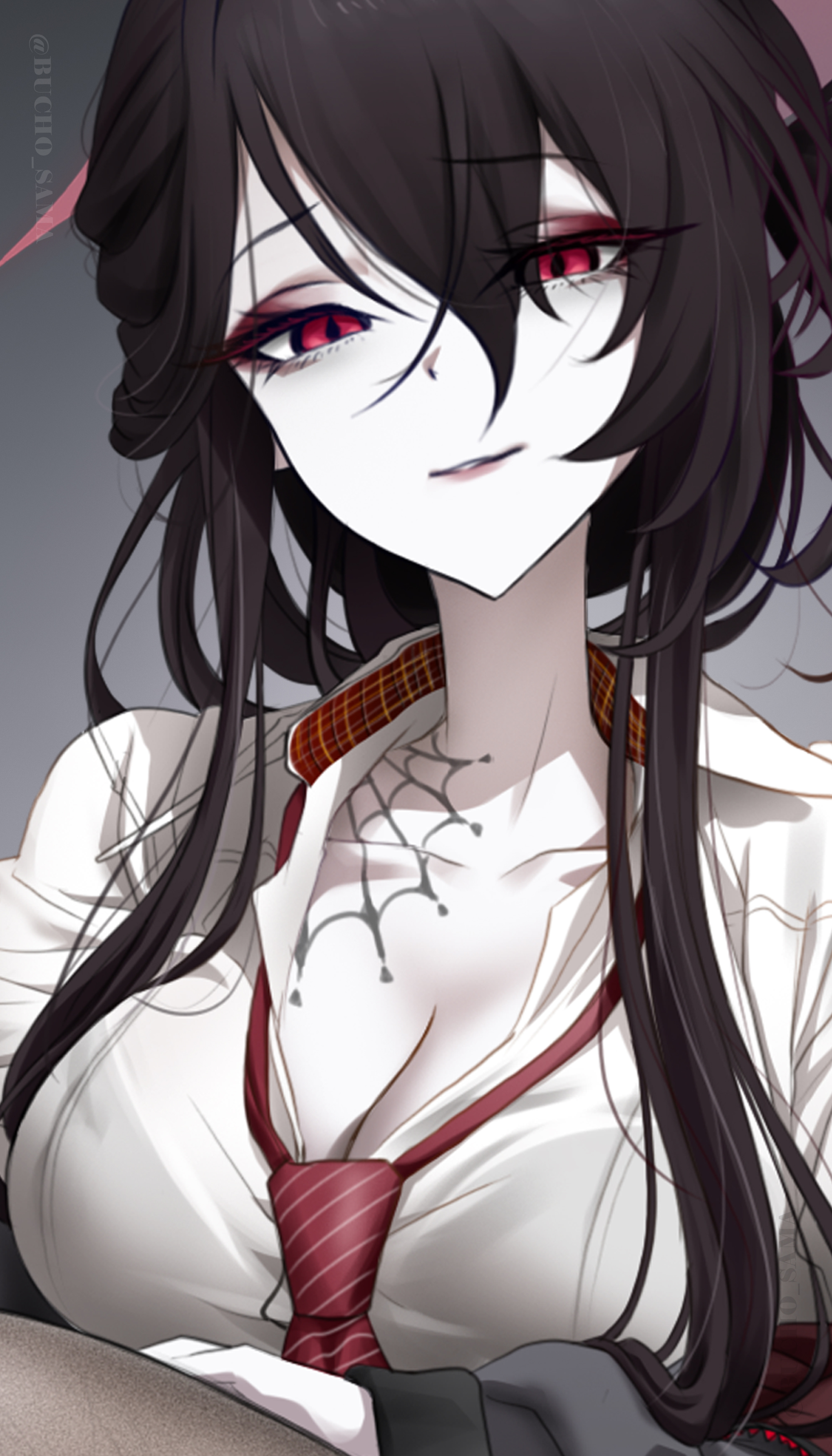 bucho sama, kokuriko (blue archive), blue archive, absurdres, highres, 1girl, black hair, black pantyhose, breasts, collared shirt, crossed legs, eyeliner, flip-flops, hair between eyes, hair ornament, hair stick, halo, large breasts, looking at viewer, loose necktie, makeup, necktie, pale skin, pantyhose, red eyeliner, red eyes, red halo, red lips, red necktie, sandals, school uniform, shirt, sitting, solo, spider web pattern, thighs, white shirt