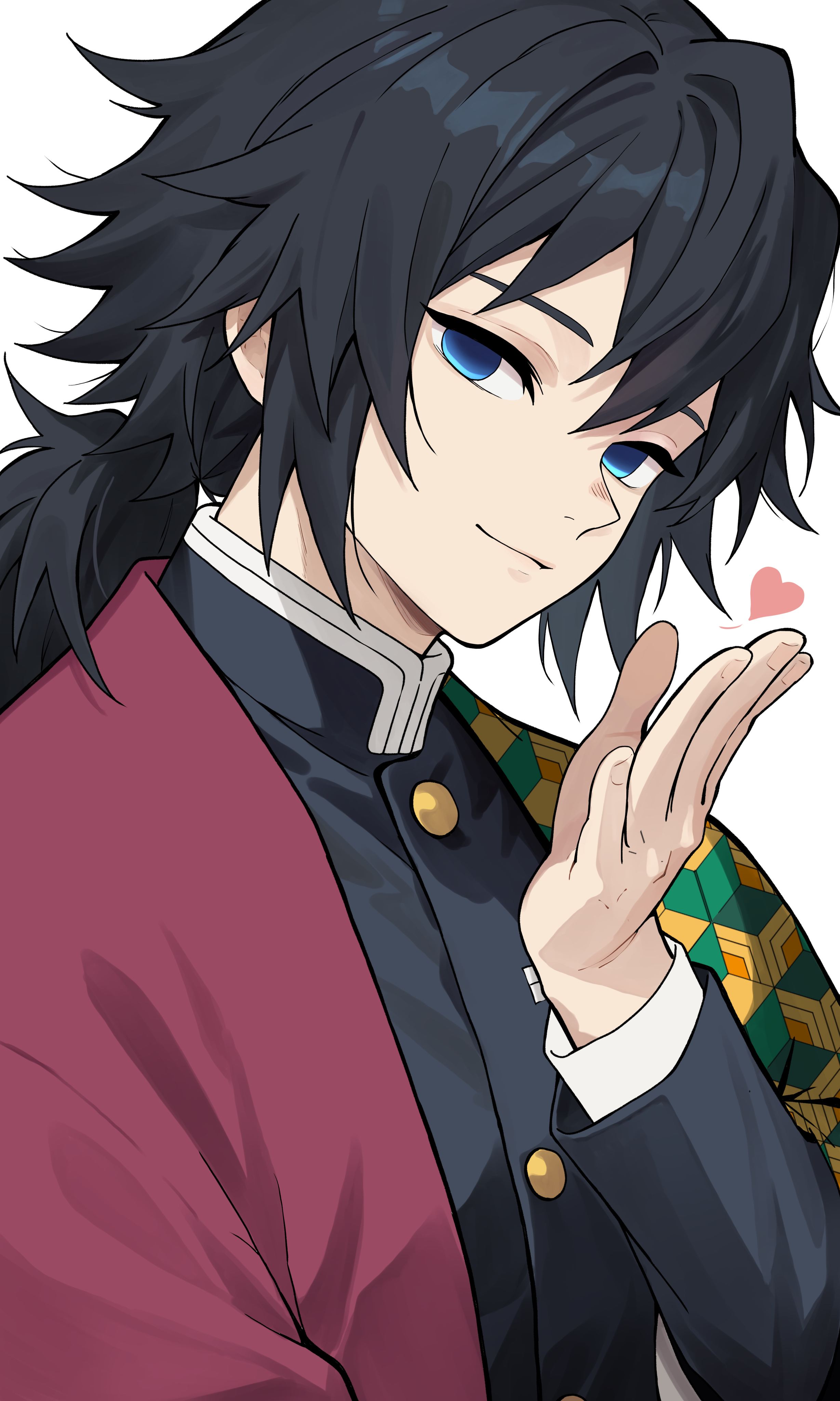 n 54, tomioka giyuu, kimetsu no yaiba, absurdres, highres, 1boy, black hair, black jacket, blue eyes, buttons, closed mouth, demon slayer uniform, empty eyes, gold buttons, hair between eyes, hand up, haori, heart, high collar, jacket, japanese clothes, kikkoumon, looking at viewer, low ponytail, male focus, ponytail, print haori, simple background, smile, solo, spiked hair, white background