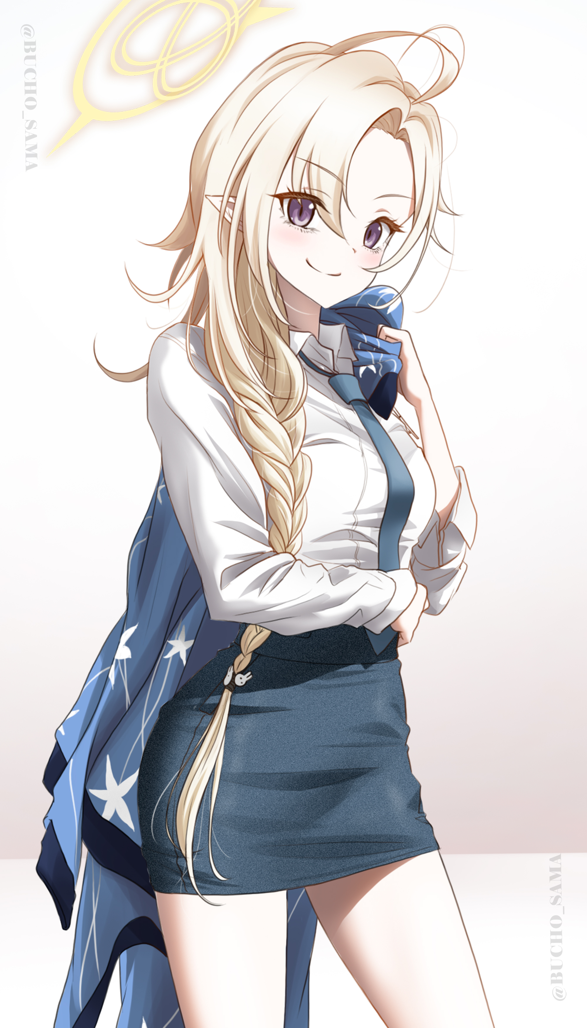 bucho sama, blue archive, absurdres, highres, 1girl, alternate costume, ankle socks, ayame (blue archive), blonde hair, blue haori, blue necktie, blue skirt, blush, closed mouth, hair over shoulder, halo, haori, japanese clothes, long braid, looking at viewer, necktie, pencil skirt, pointy ears, purple eyes, shirt, shoes, skirt, smile, sneakers, socks, solo, white shirt, white shoes, white socks, yellow halo