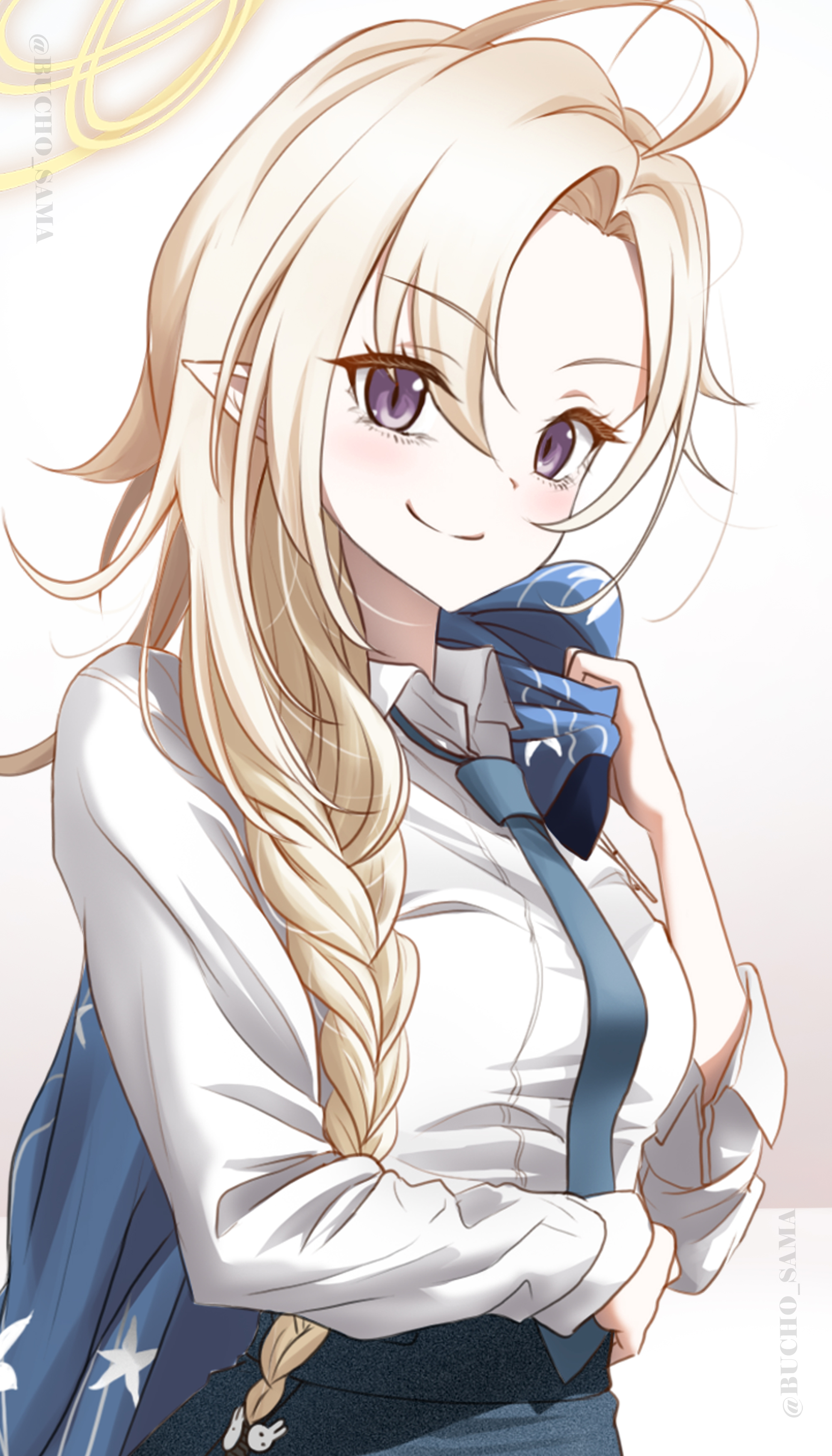 bucho sama, blue archive, absurdres, highres, 1girl, alternate costume, ankle socks, ayame (blue archive), blonde hair, blue haori, blue necktie, blue skirt, blush, closed mouth, hair over shoulder, halo, haori, japanese clothes, long braid, looking at viewer, necktie, pencil skirt, pointy ears, purple eyes, shirt, shoes, skirt, smile, sneakers, socks, solo, white shirt, white shoes, white socks, yellow halo
