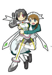 chie hallard, senou aoi, my-otome, white legwear, lowres, non-web source, 00s, 2girls, :d, black hair, breasts, brown hair, dress, full body, garter straps, gauntlets, green dress, green eyes, hug, long sleeves, multiple girls, open mouth, outstretched arms, red eyes, short hair, simple background, smile, thighhighs, v, white background, yuri, zettai ryouiki