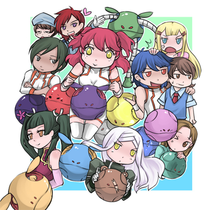 bad haro, haro, johann trinity, kati mannequin, kinue crossroad, louise halevy, michael trinity, nena trinity, patrick colasour, saji crossroad, soma peries, wang liu mei, gundam, gundam 00, 00s, 3boys, 6+girls, ;o, ^^^, armlet, bad anatomy, ball, bare shoulders, blue eyes, blue hair, blush, brother and sister, brothers, brown hair, collared shirt, creature, dress shirt, expressionless, freckles, from side, full body, gem, glasses, hair ornament, hairclip, headpiece, jewelry, jitome, long sleeves, looking at viewer, looking to the side, multiple boys, multiple girls, necktie, one eye closed, parted lips, poorly drawn, profile, red eyes, red hair, red necktie, rimless eyewear, shirt, short hair, siblings, sweatdrop, sweater vest, thighhighs, twintails, yellow eyes