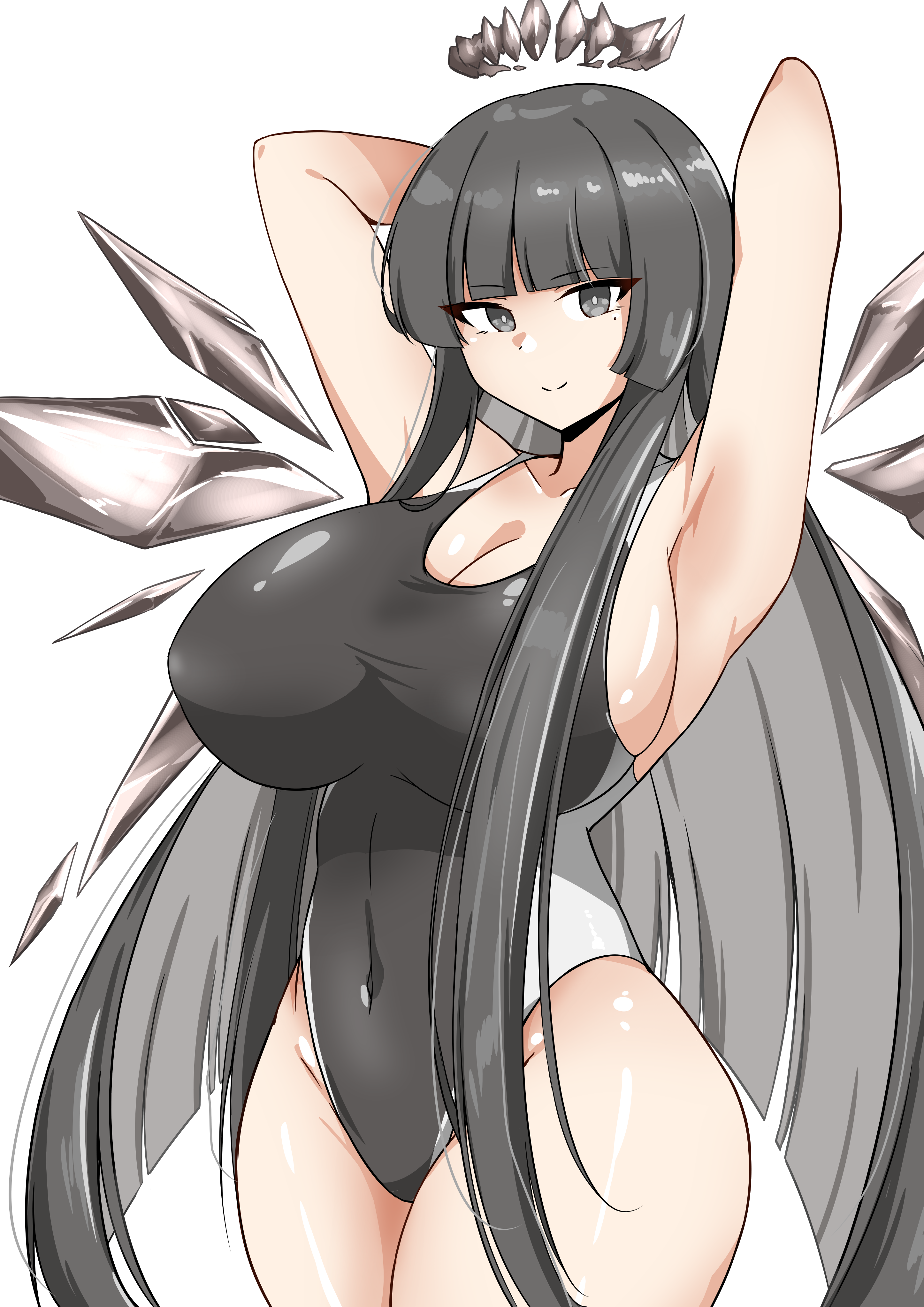 xibu cai, virtuosa (arknights), arknights, absurdres, commentary request, highres, 1girl, alternate costume, armpits, arms behind back, black eyes, black hair, black halo, black one-piece swimsuit, blunt bangs, blunt ends, breasts, bright pupils, cleavage, closed mouth, covered navel, cowboy shot, detached wings, grey halo, groin, halo, hime cut, huge breasts, long hair, looking at viewer, mole, mole under eye, one-piece swimsuit, simple background, smile, solo, standing, swimsuit, very long hair, white background, white pupils, wings
