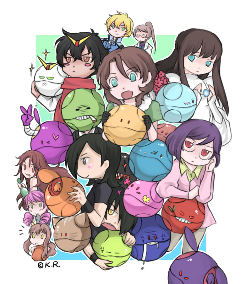 allelujah haptism, bad haro, billy katagiri, christina sierra, feldt grace, graham aker, haro, lockon stratos, marina ismail, setsuna f. seiei, sumeragi lee noriega, tieria erde, gundam, gundam 00, >:p, 00s, 4girls, 6+boys, :d, :p, ^^^, ahoge, angry, animal ears, ball, blonde hair, blush, bottle, cat ears, chibi, cigarette, creature, drill hair, fangs, gem, glasses, green eyes, headpiece, holding, horns, lab coat, long sleeves, looking at viewer, magic, multiple boys, multiple girls, open mouth, orb, pink hair, ponytail, red eyes, shaded face, sharp teeth, smile, sparkle, sweater, tears, teeth, tongue, tongue out, twin drills, v-shaped eyebrows, whiskers, yellow eyes