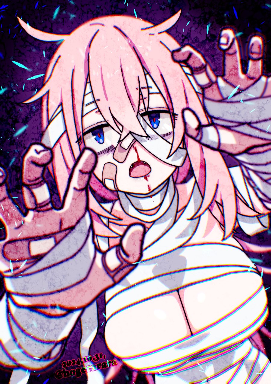 hogerarara, michinoku komaro, seitokai ni mo ana wa aru!, commentary request, highres, 1girl, artist name, bandages, bandaid, bandaid on face, bandaid on finger, bandaid on hand, bandaid on nose, blood, blue eyes, breasts, chromatic aberration, claw pose, cleavage, dated, fangs, hair between eyes, large breasts, long hair, looking at viewer, naked bandage, nosebleed, open mouth, pink hair, purple background, solo, twitter username, upper body