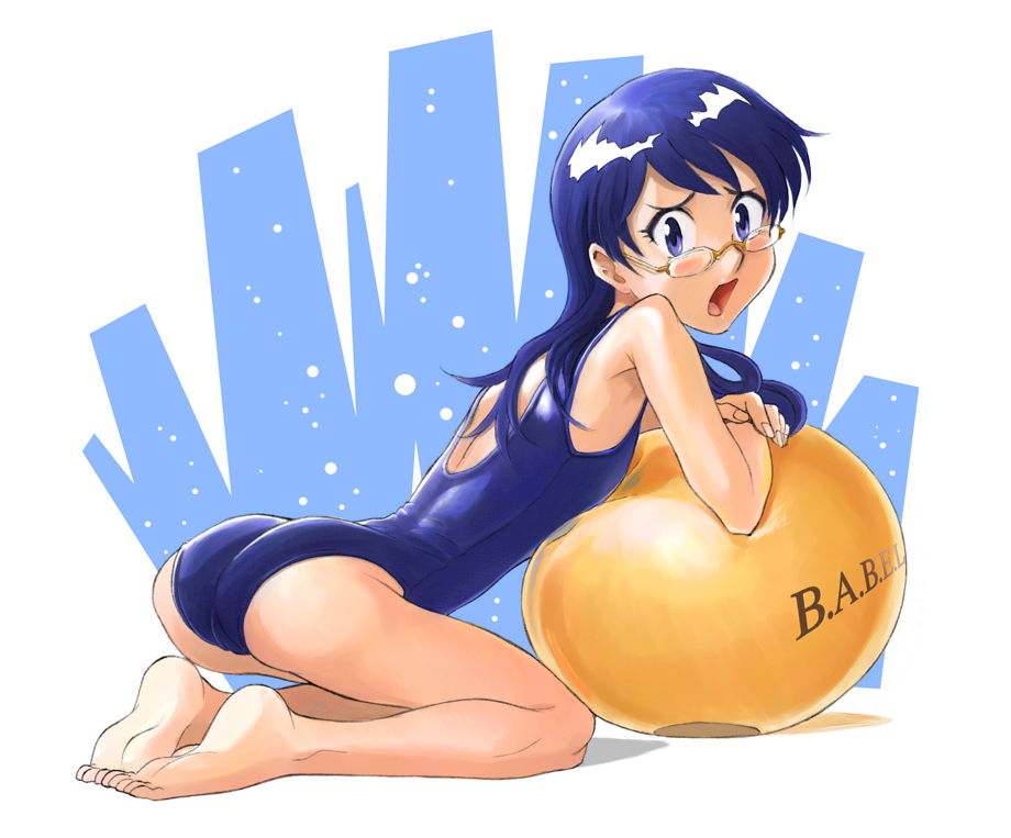 pierre iwashi, nogami aoi, zettai karen children, 00s, 1girl, ass, bad anatomy, ball, barefoot, bent over, black hair, blue eyes, blue hair, blush, feet, female focus, flat chest, glasses, kneeling, long hair, looking back, matching hair/eyes, one-piece swimsuit, open mouth, school swimsuit, soles, solo, swimsuit