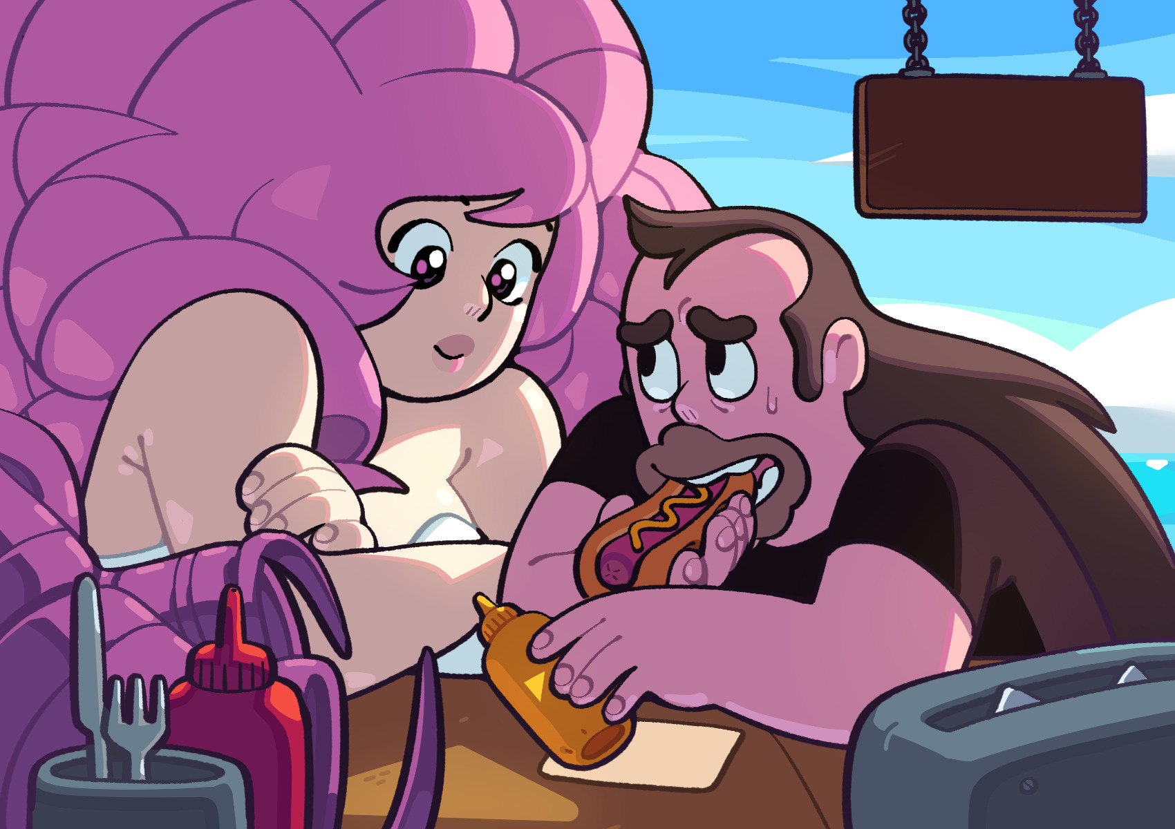 discount-supervillain, greg universe, rose quartz universe, steven universe, highres, aged down, armpit crease, beard, brown hair, eating, facial hair, fat, fingernails, holding, hot dog, ketchup bottle, long hair, looking at another, mustard, mustard bottle, pink hair, receding hairline, ringlets, rose quartz (species) (steven universe), shirt, smile, strapless, t-shirt, teeth, thick arms, thick lips
