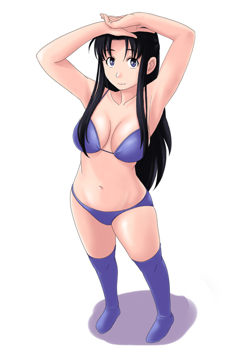 toshifumi, hosokawa kanako, maria-sama ga miteru, 00s, 1girl, armpits, arms up, black hair, blue eyes, blue panties, blue thighhighs, bra, breasts, cleavage, female focus, full body, lingerie, long hair, navel, panties, simple background, smile, solo, thighhighs, underwear, underwear only, very long hair