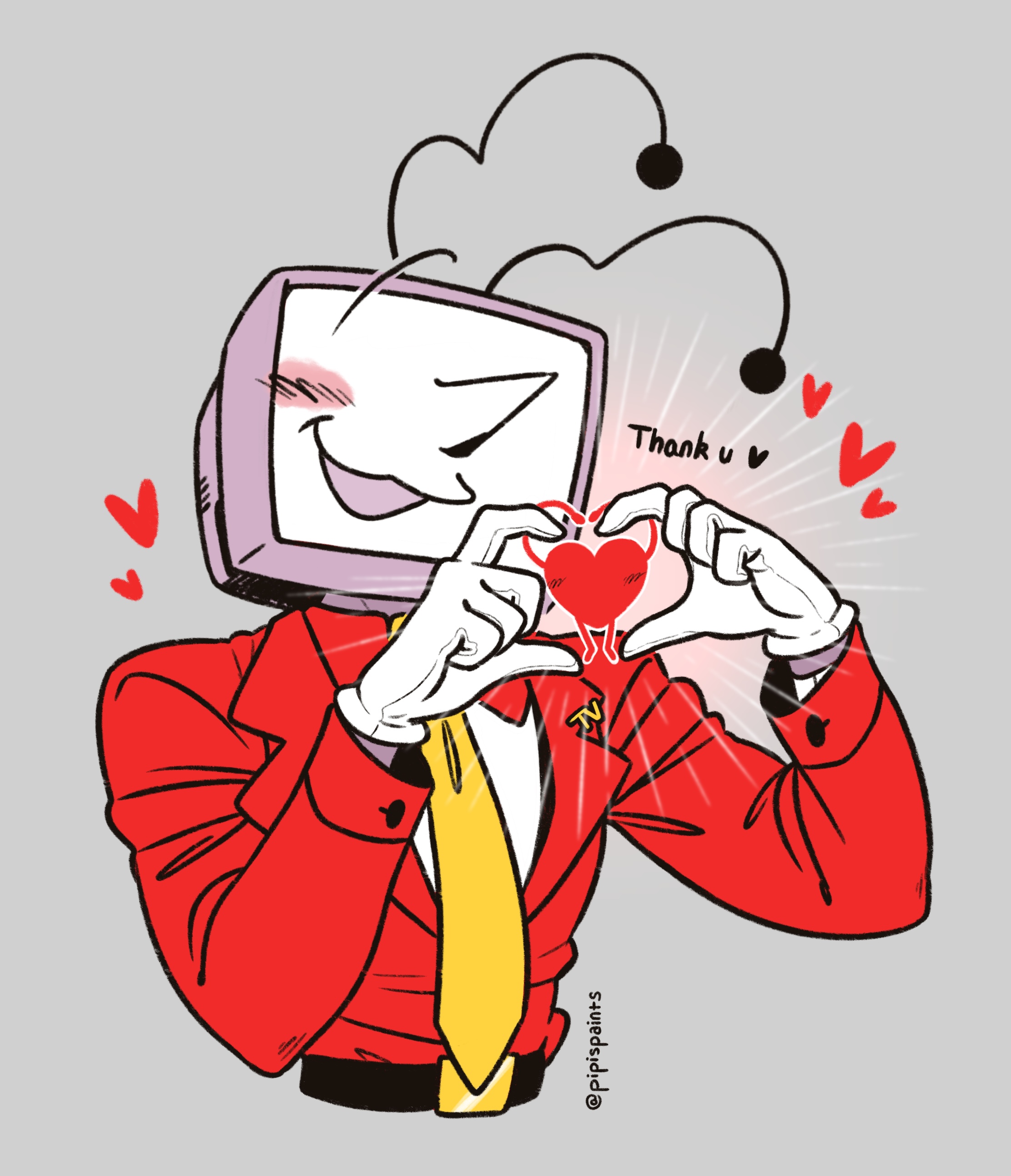 ant tenna, soul (deltarune), deltarune, utdr (toby fox), absurdres, commentary, english commentary, highres, 1boy, belt, belt buckle, black belt, blush, buckle, crt, gloves, grey background, heart, heart hands, jacket, long nose, male focus, necktie, object head, open mouth, outline, pipispaints, pointy nose, radio antenna, red jacket, simple background, smile, twitter username, white gloves, white outline, yellow necktie