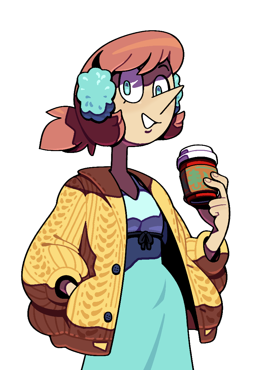 discount-supervillain, pearl (steven universe), steven universe, highres, 1girl, alternate costume, blue eyes, cardigan, dress, earmuffs, holding, humanization, pointy nose, ponytail, short hair, smile, solo