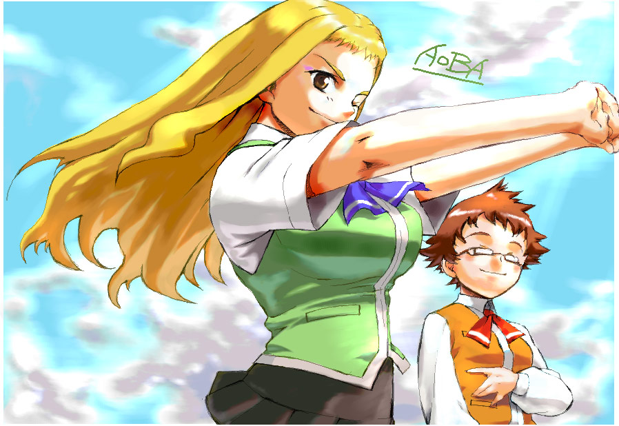 aoba (smartbeat), aoba, kikukawa yukino, suzushiro haruka, my-hime, non-web source, 00s, eyeshadow, glasses, makeup, one eye closed, school uniform, serafuku, stretching, wink