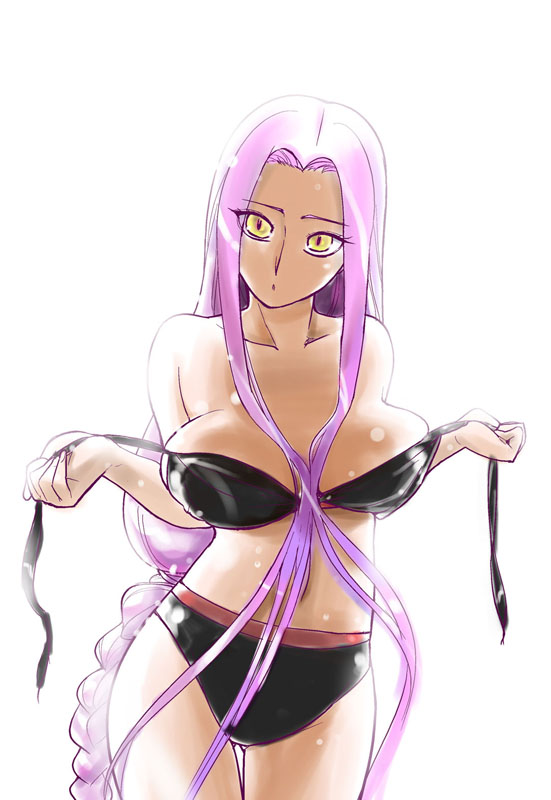 medusa (fate), medusa (rider) (fate), fate/stay night, fate (series), non-web source, 00s, bikini, black bikini, breasts, large breasts, long hair, solo, swimsuit, undressing, untied bikini, very long hair