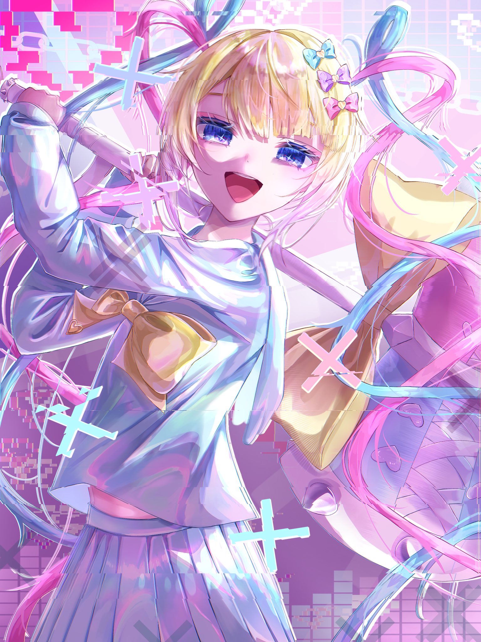 chouzetsusaikawa tenshi-chan, needy girl overdose, commentary request, highres, 1girl, :d, blonde hair, blue eyes, blue hair, blue serafuku, blunt bangs, bow, chest bow, colored tips, hair bow, imminent attack, looking at viewer, midriff, multicolored hair, multiple hair bows, nekomilk 111, open mouth, pink hair, plus sign, quad tails, school uniform, serafuku, smile, solo, swinging weapon