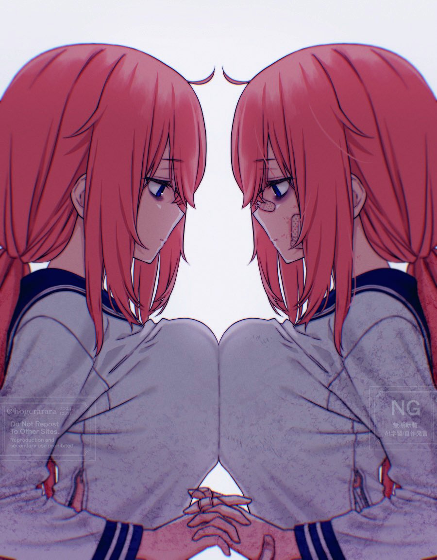 hogerarara, michinoku komaro, seitokai ni mo ana wa aru!, commentary request, 2girls, bags under eyes, bandaid, bandaid on face, bandaid on hand, blue eyes, blue sailor collar, breast press, breasts, dual persona, from side, holding hands, interlocked fingers, large breasts, long hair, long sleeves, multiple girls, pink hair, ponytail, profile, sailor collar, school uniform, serafuku, shirt, simple background, symmetrical docking, watermark, white background, white shirt