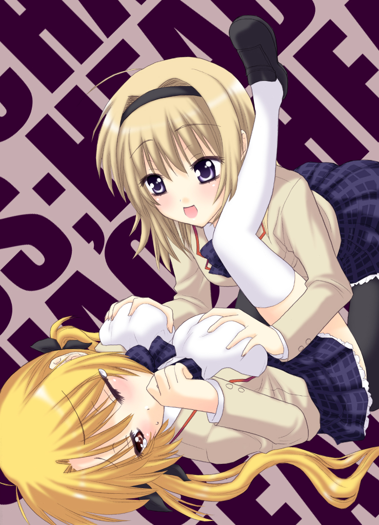 saki chisuzu, nishijou nanami, orihara kozue, chaos;head, science adventure, black legwear, white legwear, 00s, 2girls, ahoge, antenna hair, blonde hair, blush, breasts, brown hair, grabbing another's breast, groping, hair ribbon, hairband, large breasts, leg up, long hair, multiple girls, one eye closed, open mouth, pantyhose, purple eyes, red eyes, ribbon, school uniform, serafuku, short hair, skirt, smile, tears, thighhighs, twintails, wink, yuri