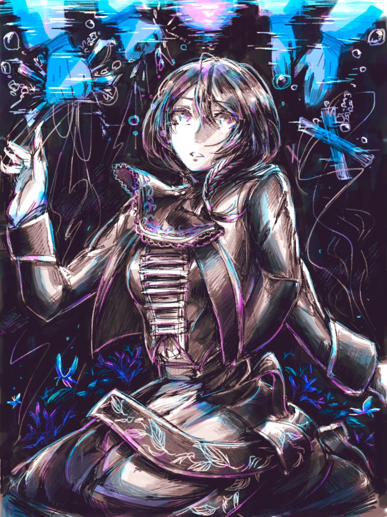 tsundoku, es (alter ego), alter ego (game), 1girl, black hair, black jacket, black scarf, blue butterfly, blue eyes, bubble, bug, butterfly, gloves, insect, jacket, long hair, long sleeves, open clothes, open jacket, plant, scarf, underwear, white gloves