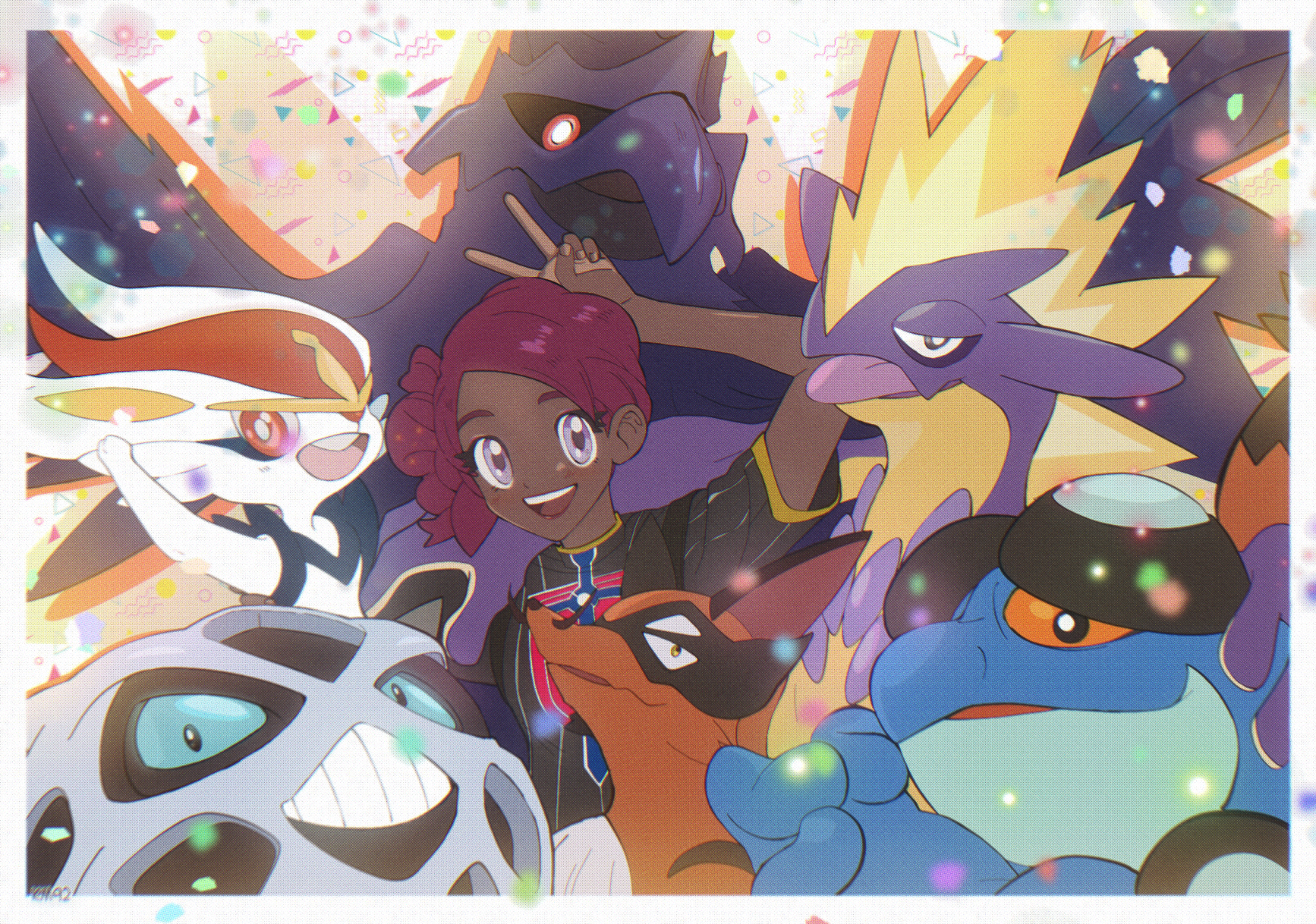 km92, cinderace, corviknight, glalie, seismitoad, thievul, toxtricity, toxtricity (amped), nintendo, pokemon, pokemon swsh, commentary, commission, english commentary, highres, 1girl, :d, arm up, artist name, black sclera, black shirt, border, bright pupils, champion uniform, colored sclera, confetti, dark-skinned female, dark skin, eyelashes, fingernails, gen 3 pokemon, gen 5 pokemon, gen 8 pokemon, open mouth, orange eyes, pokemon (creature), purple eyes, red hair, shirt, short sleeves, smile, teeth, tongue, tongue out, upper teeth only, v, white border, white pupils