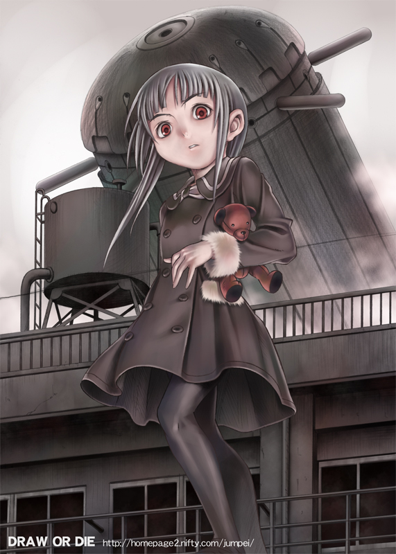 jumpei, silver hair, pantyhose, red eyes, skirt, solo, stuffed animal, stuffed toy, teddy bear