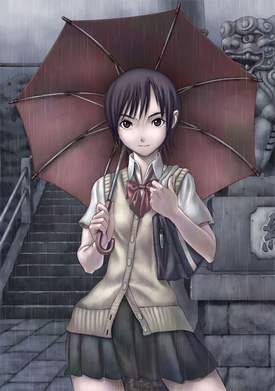 jumpei, original, 1girl, bad proportions, bag, female focus, komainu, rain, ribbon, school bag, school uniform, serafuku, short hair, skirt, solo, stairs, statue, sweater, sweater vest, umbrella