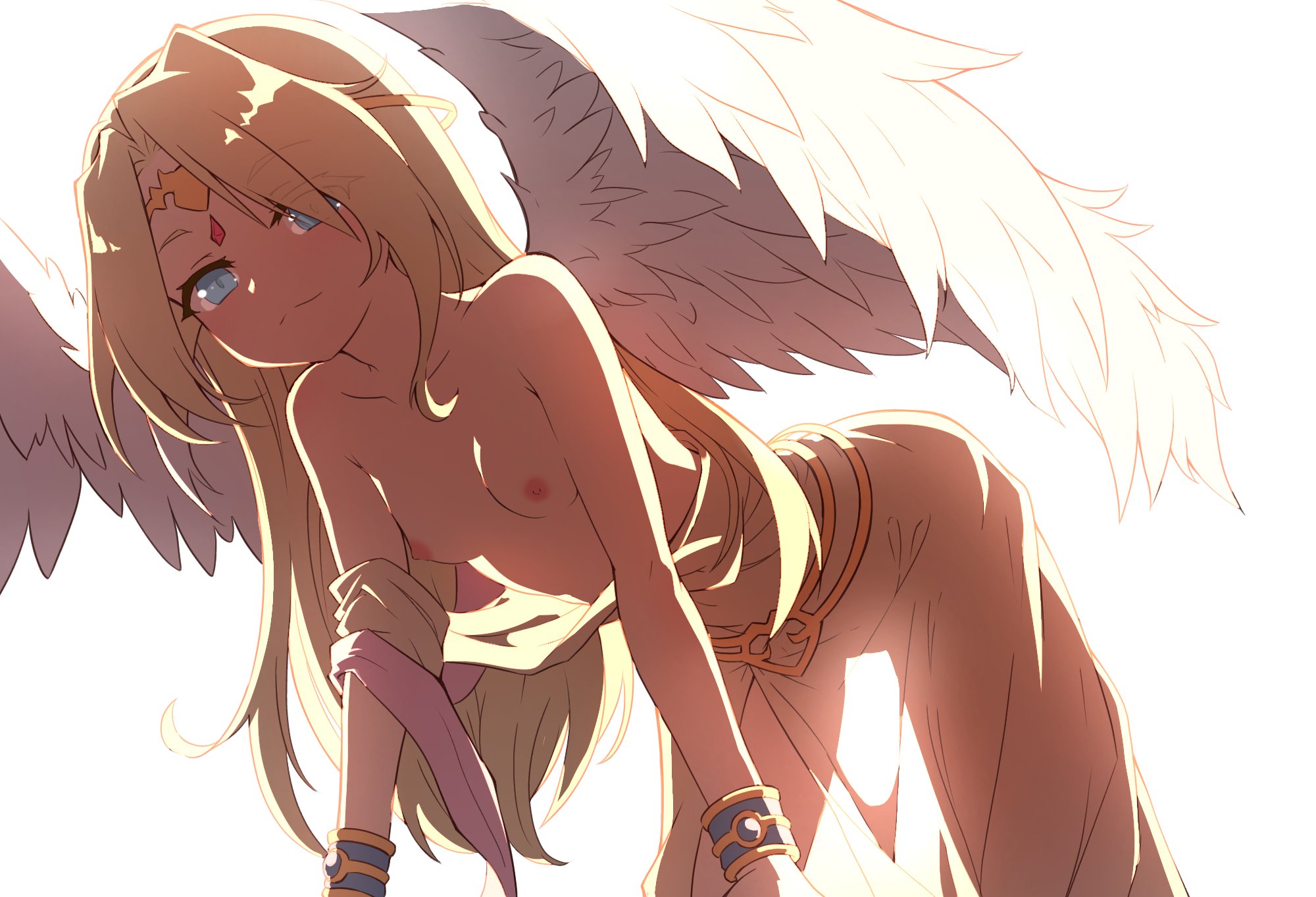 sent99, ilias, mon-musu quest!, mon-musu quest: paradox, commentary, highres, 1girl, all fours, angel wings, backlighting, blonde hair, blue eyes, bracelet, breasts, circlet, feathered wings, gold circlet, jewelry, long hair, looking at viewer, nipples, see-through clothes, simple background, small breasts, smile, solo, very long hair, white background, wings