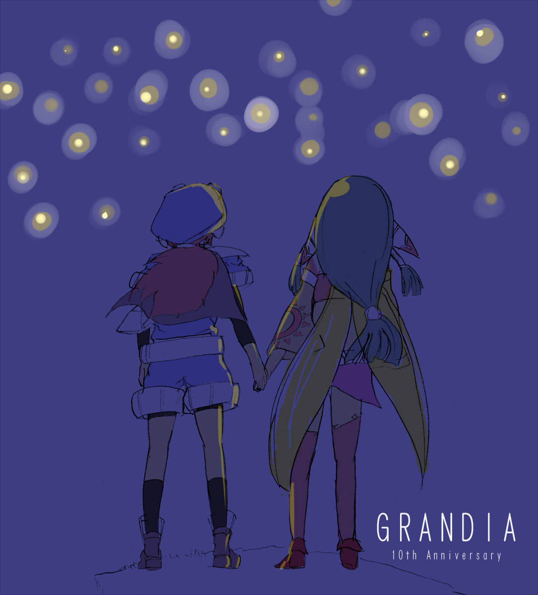 feena (grandia), justin (grandia), game arts, grandia, grandia i, highres, 1boy, 1girl, anniversary, copyright name, hat, hetero, holding hands, long hair, low-tied long hair, night