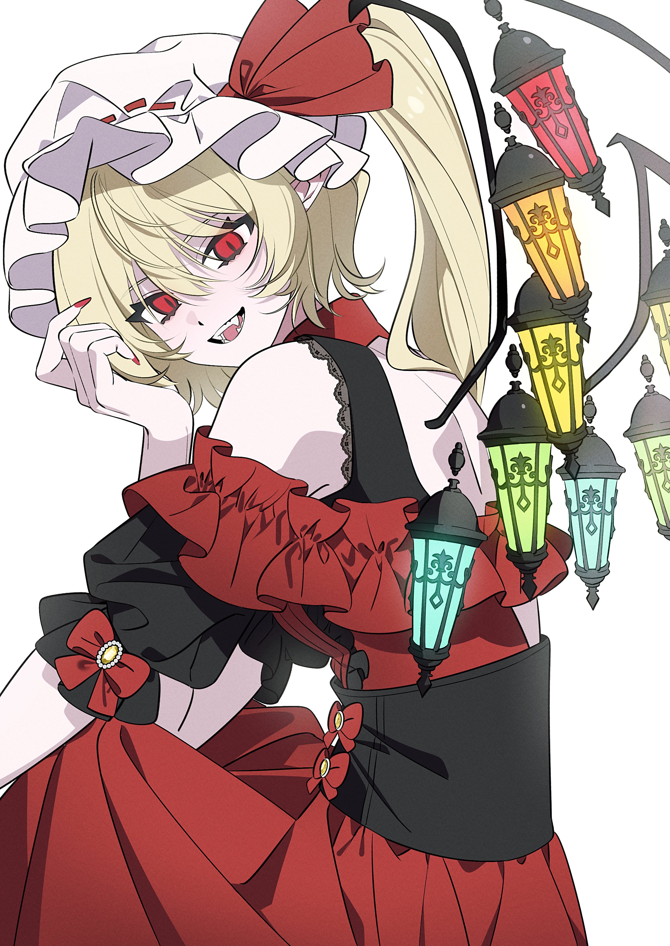 kiliko-san, flandre scarlet, touhou, absurdres, commentary, highres, 1girl, :d, alternate costume, back, blonde hair, dress, fangs, fingernails, hair between eyes, hat, hat ribbon, lantern, long hair, looking at viewer, looking back, mob cap, one side up, open mouth, pointy ears, red dress, red eyes, red nails, red ribbon, ribbon, sharp fingernails, simple background, smile, solo, white background, white hat, wings