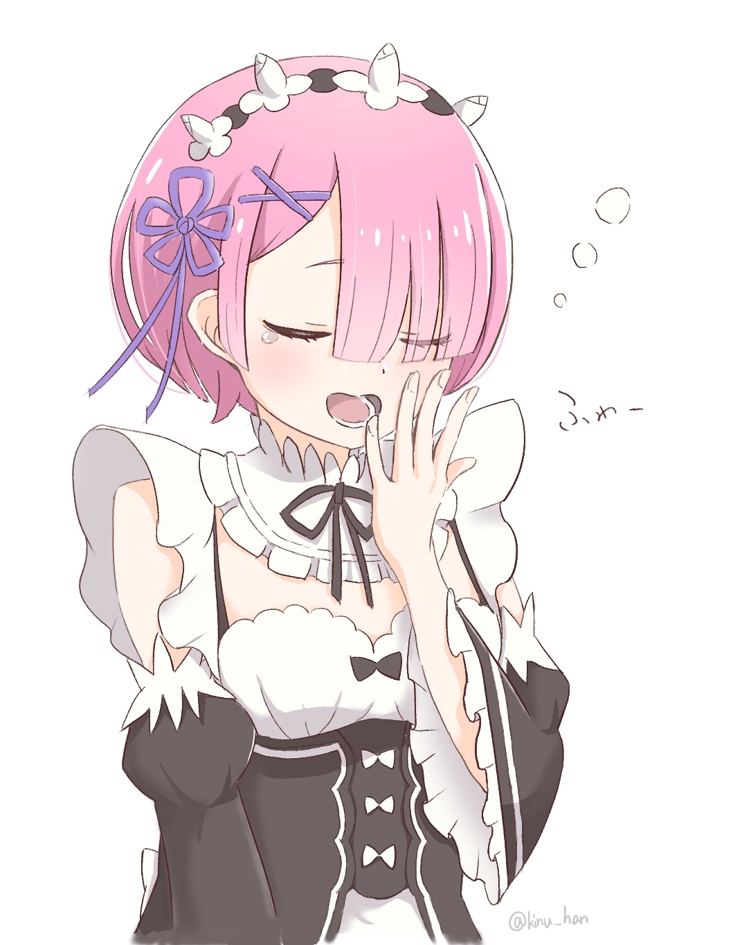 user gmts2384, ram (re:zero), re:zero kara hajimeru isekai seikatsu, highres, 1girl, black dress, black ribbon, closed eyes, covering own mouth, detached sleeves, dress, frilled sleeves, frills, hair ornament, hair over one eye, hand over own mouth, head wreath, maid, maid headdress, pink hair, pink ribbon, purple ribbon, ribbon, ribbon-trimmed clothes, ribbon trim, roswaal mansion maid uniform, sleepy, tears, x hair ornament, yawning
