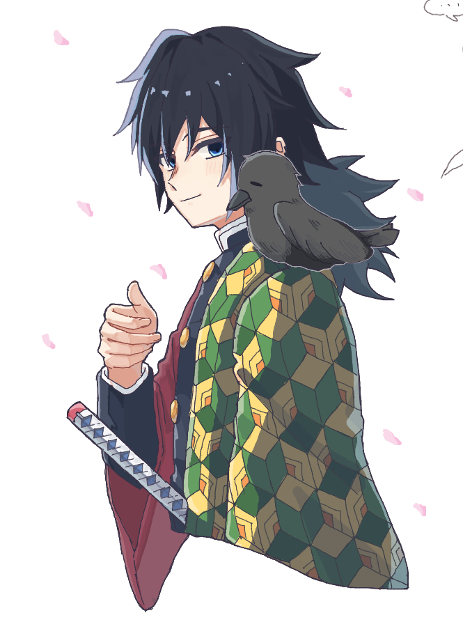 kanzaburou (kimetsu no yaiba), tomioka giyuu, kimetsu no yaiba, 1boy, animal, animal on shoulder, bird, bird on shoulder, black hair, black jacket, blue eyes, bont ill, buttons, closed mouth, cropped torso, crow, demon slayer uniform, empty eyes, haori, jacket, japanese clothes, low ponytail, male focus, ponytail, smile, solo, spiked hair, upper body