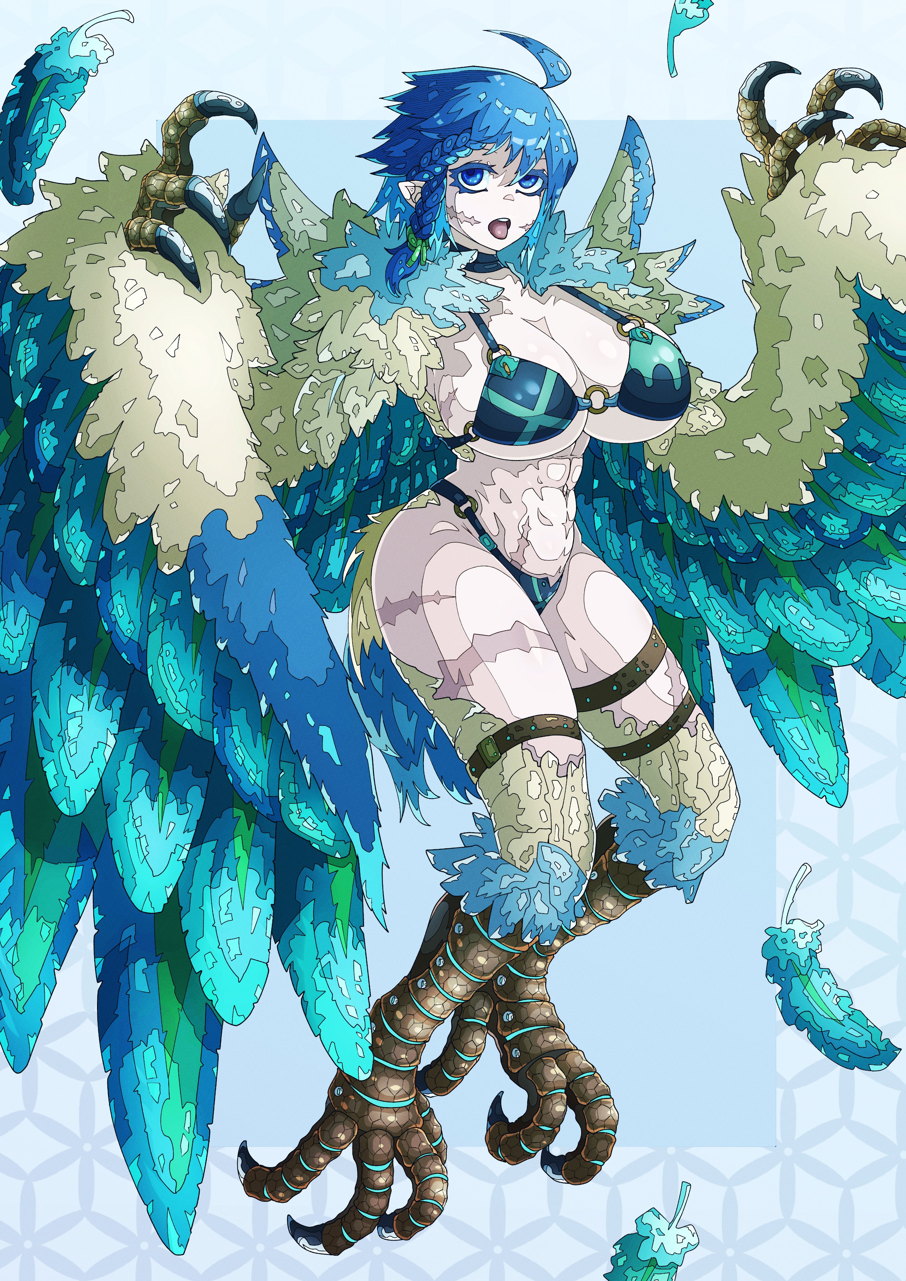 hkdd99, original, absurdres, commentary request, highres, 1girl, ahoge, animal hands, armor, bikini, bikini armor, bird legs, blue background, blue eyes, blue hair, blue wings, braid, braided sidelock, claws, facial scar, feathered wings, feathers, harpy, long hair, monster girl, multicolored wings, o-ring, o-ring bikini, open mouth, pointy ears, scar, scar on breasts, scar on cheek, scar on face, scar on leg, scar on stomach, single braid, single sidelock, solo, swimsuit, talons, teeth, thigh strap, tongue, two-tone background, upper teeth only, white background, winged arms, wings