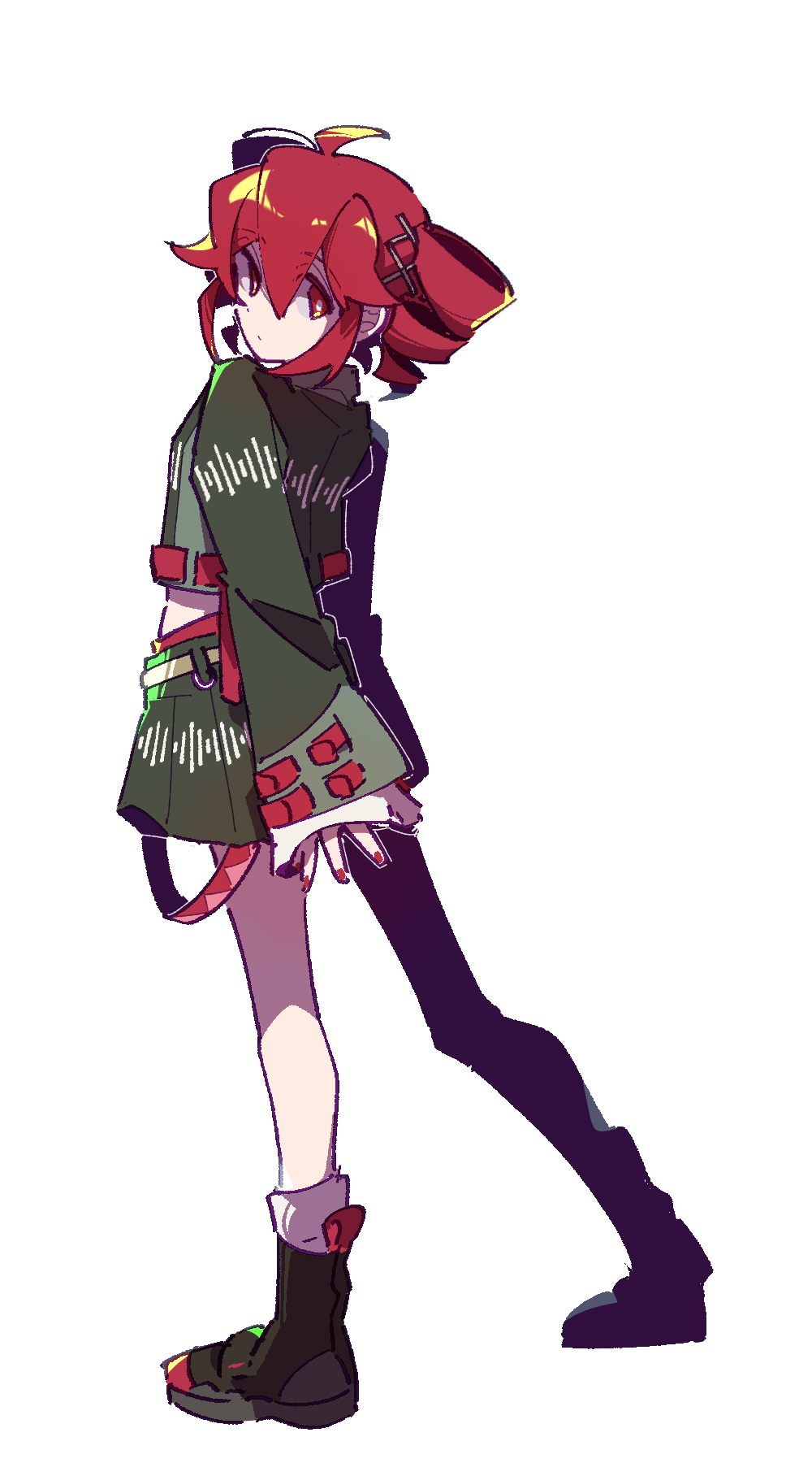 jiu (jiu076), kasane teto, kasane teto (voicepeak), utau, voicepeak, highres, 1girl, ahoge, black boots, boots, closed mouth, drill hair, full body, grey shirt, grey skirt, hair between eyes, hair ornament, long sleeves, looking at another, looking back, midriff, red eyes, red hair, shirt, short hair, simple background, skirt, solo, standing, twin drills, white background, x hair ornament